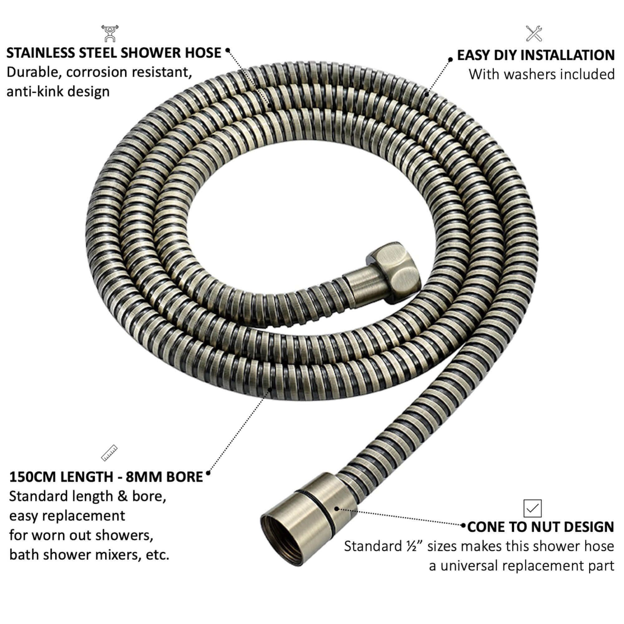 Flex shower hose stainless steel 1.5m standard bore - antique  brass - Image 6