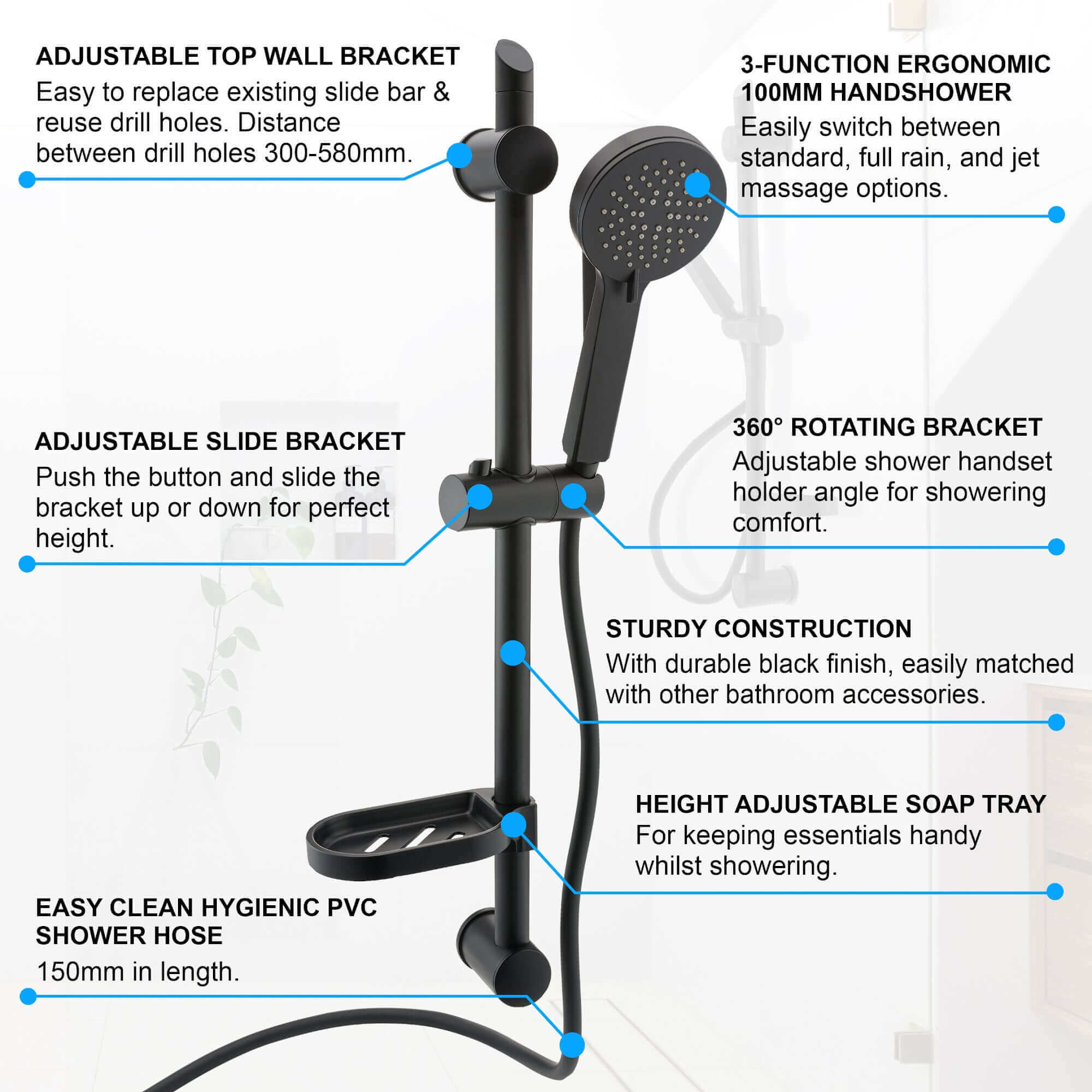 Adjustable Shower Slider Riser Rail Kit With 3 Setting Shower Head, Hose and Soap Holder - Black - Image 6