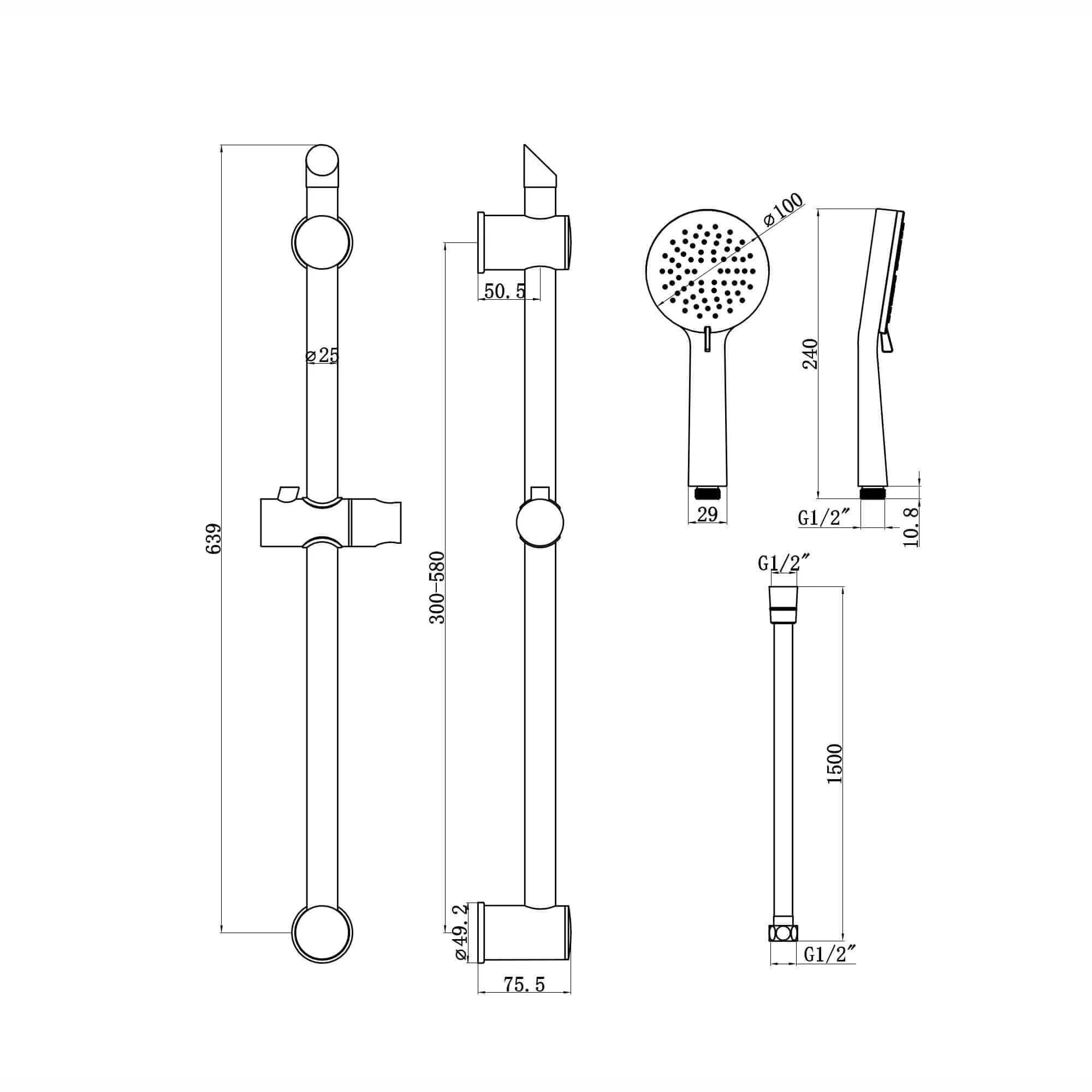 Adjustable Shower Slider Riser Rail Kit With 3 Setting Shower Head, Hose and Soap Holder - Black - Image 7