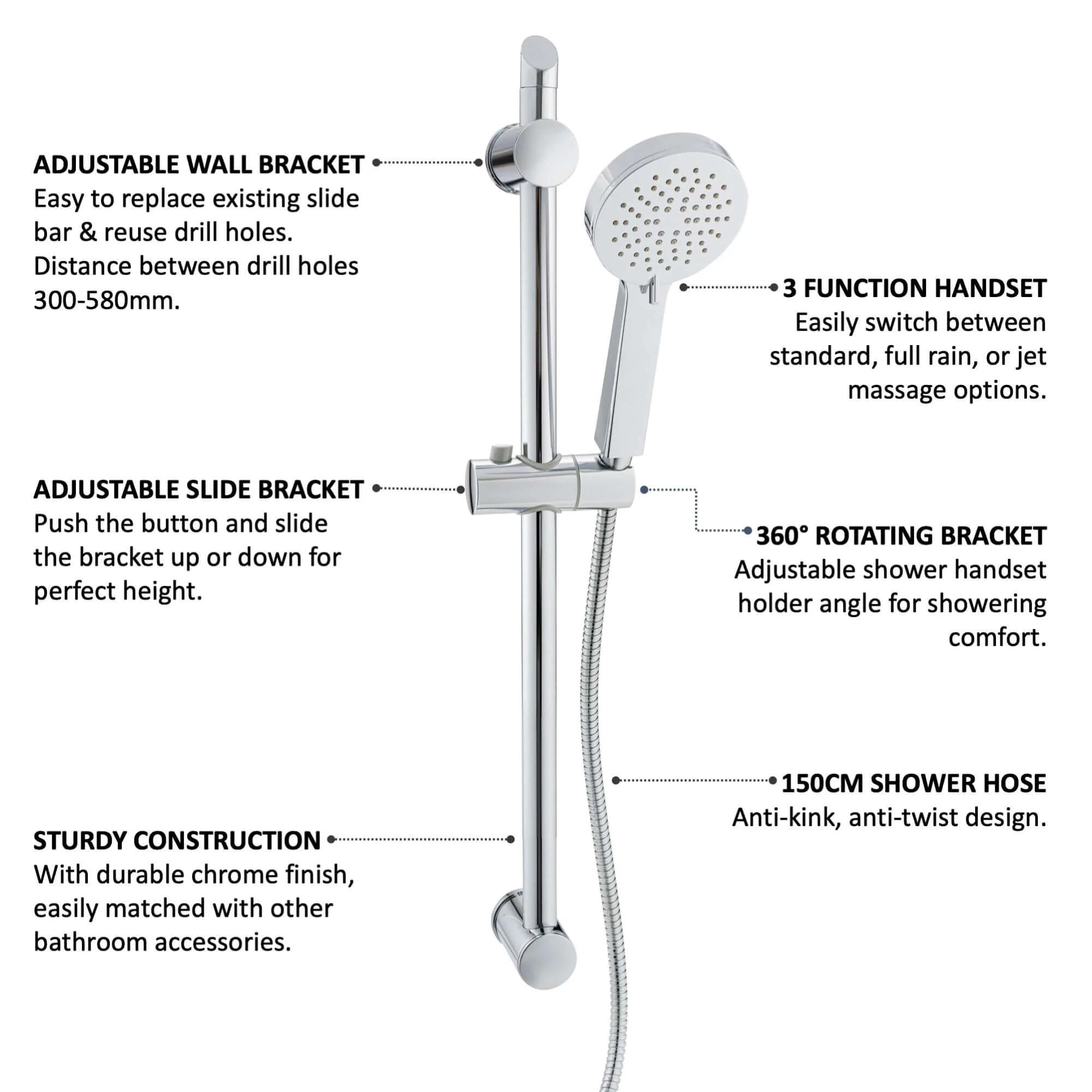 Adjustable Shower Slider Riser Rail Kit With 3 Setting Shower Head, Hose - Chrome - Image 5