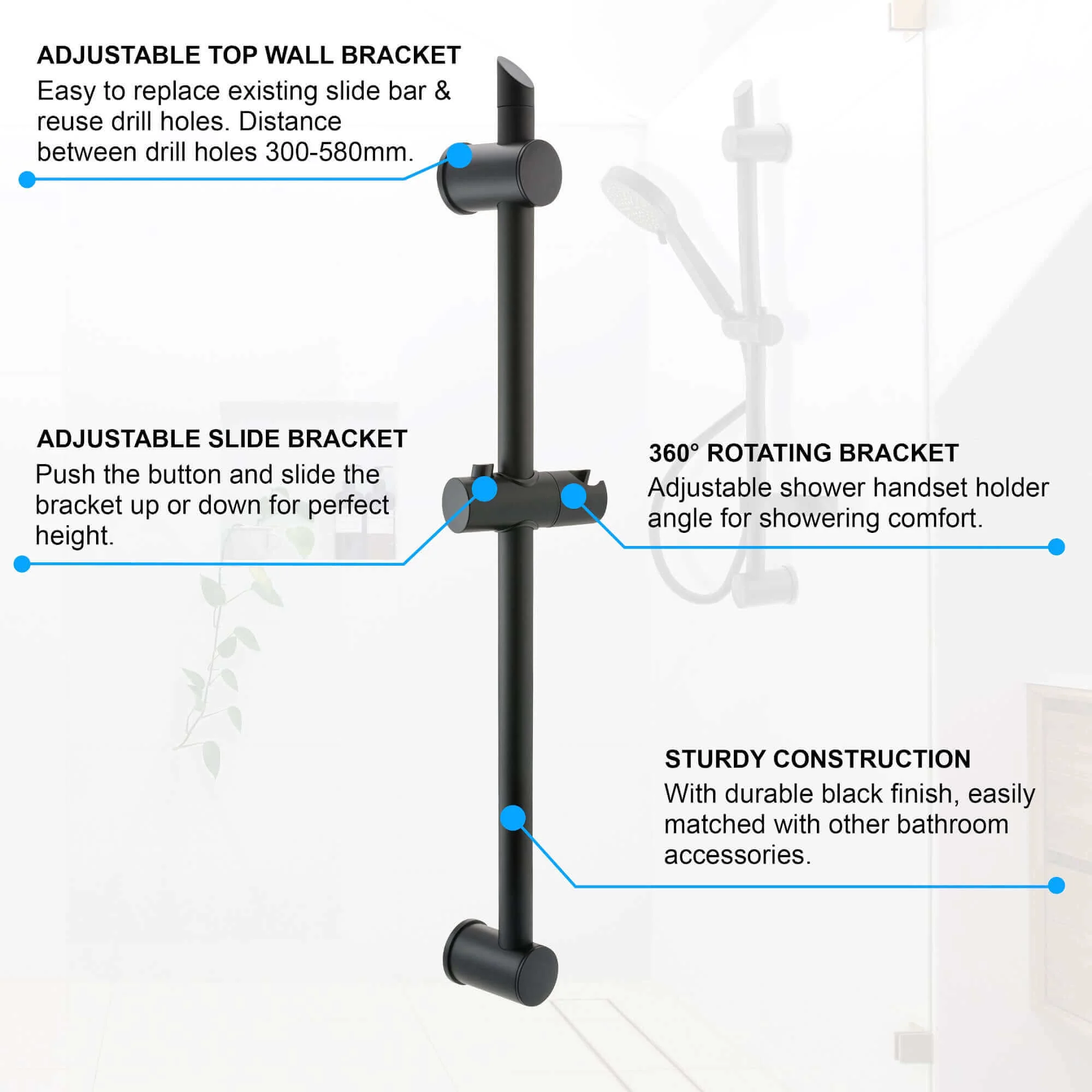 Adjustable sliding shower rail - black - Image 6