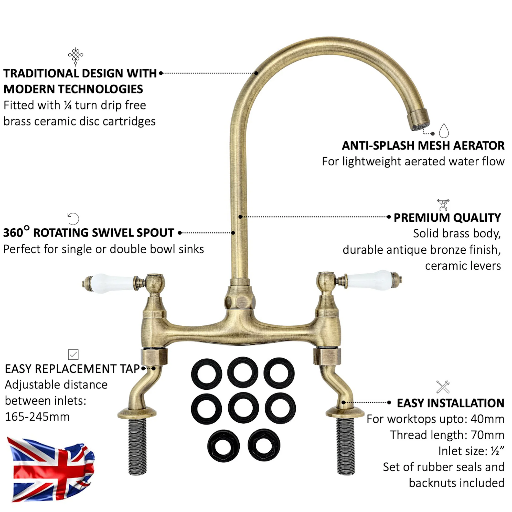 Astbury traditional bridge kitchen mixer tap with white ceramic levers deck mounted - antique brass - Image 4