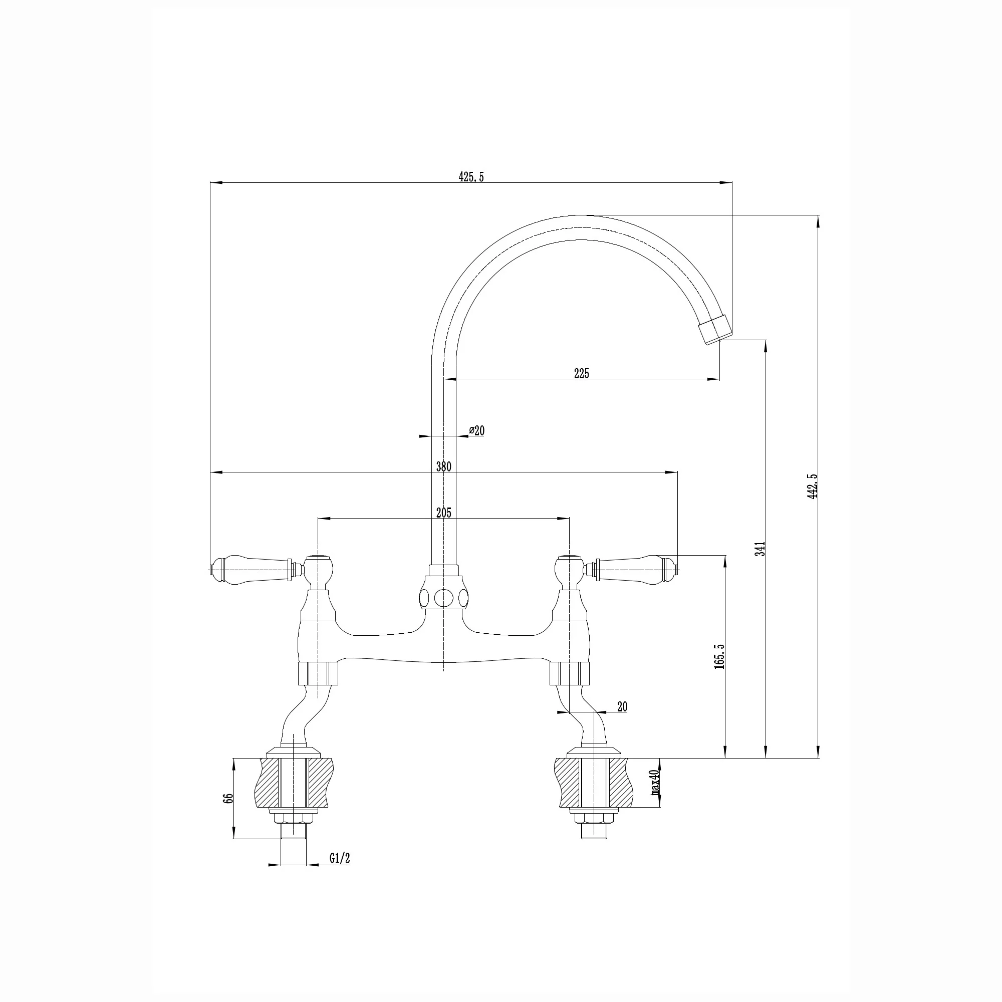 Astbury traditional bridge kitchen mixer tap with white ceramic levers deck mounted - antique brass - Image 5