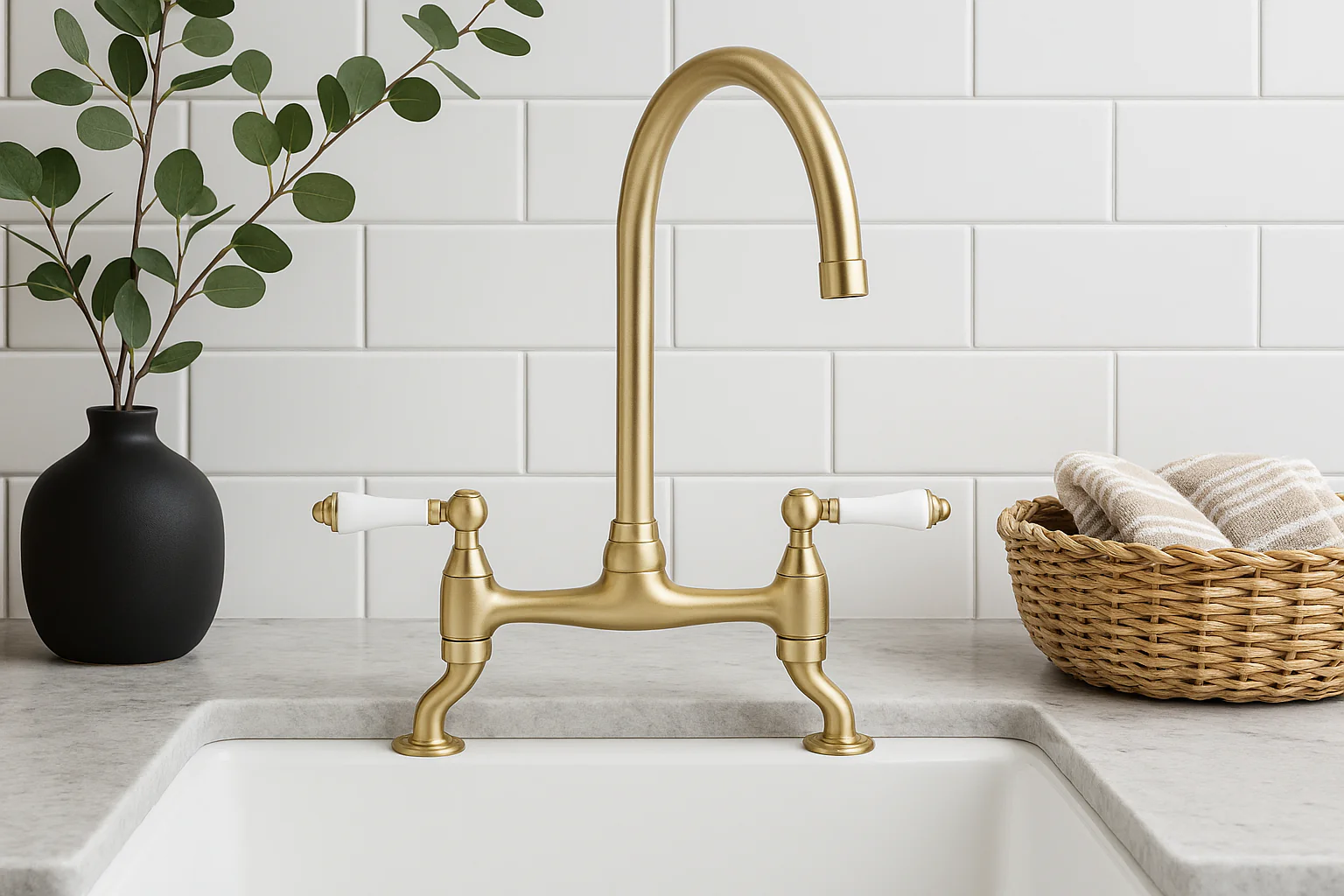 Astbury traditional bridge kitchen mixer tap with white ceramic levers deck mounted - brushed brass - Image 3