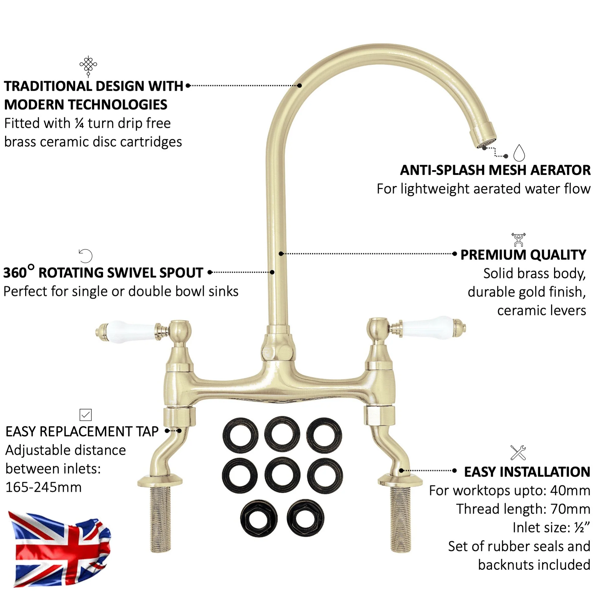 Astbury traditional bridge kitchen mixer tap with white ceramic levers deck mounted - brushed brass - Image 4
