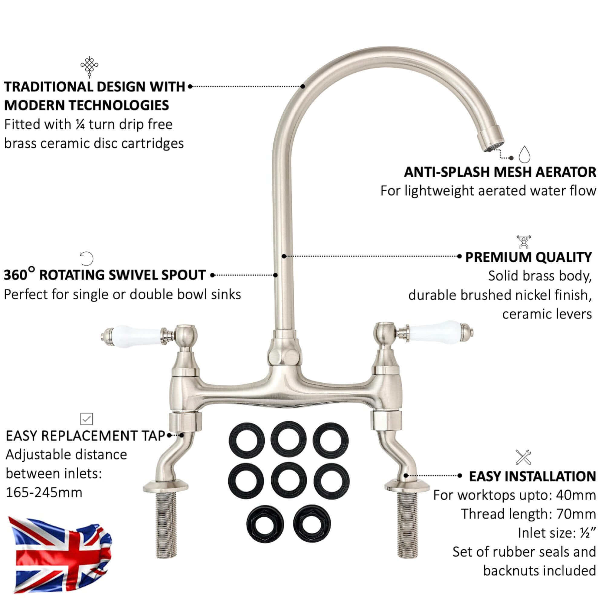 Astbury traditional bridge kitchen mixer  tap with white ceramic levers deck mounted - brushed nickel - Image 4