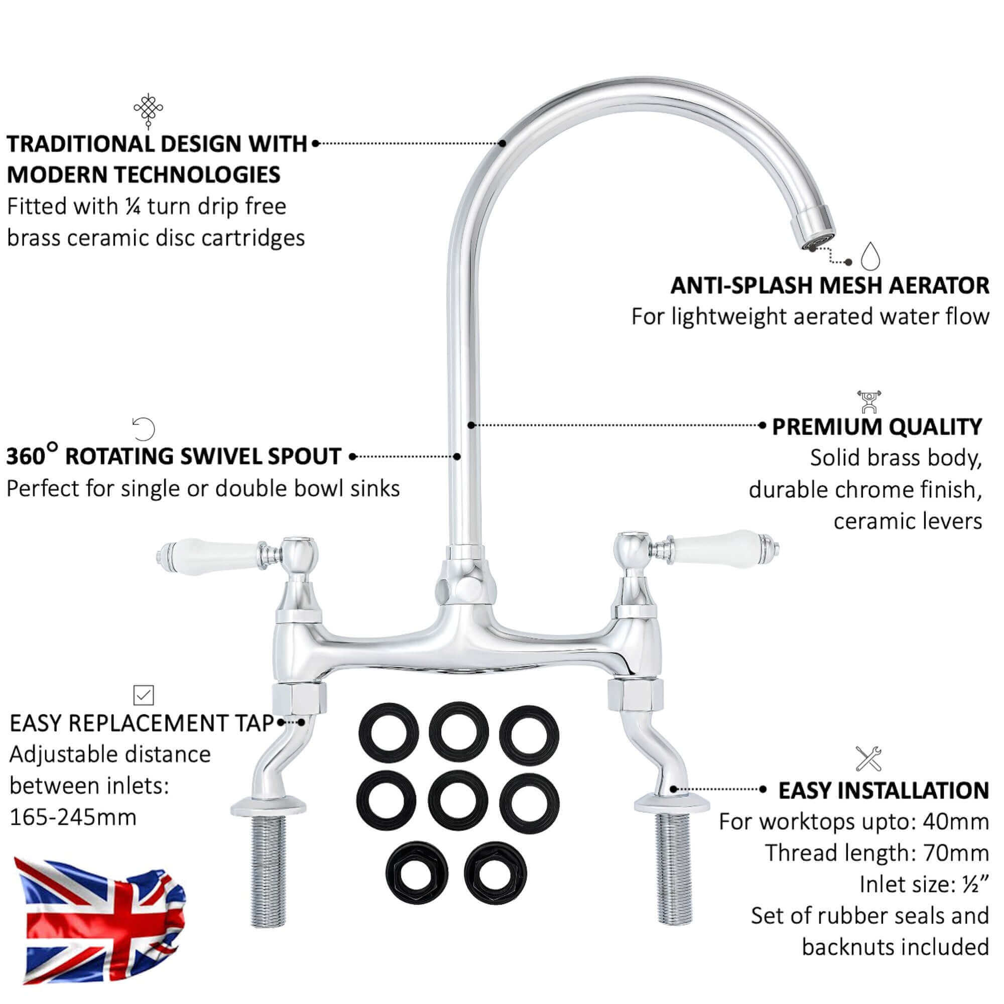 Astbury traditional bridge kitchen mixer  tap with white ceramic levers deck mounted - chrome - Image 4
