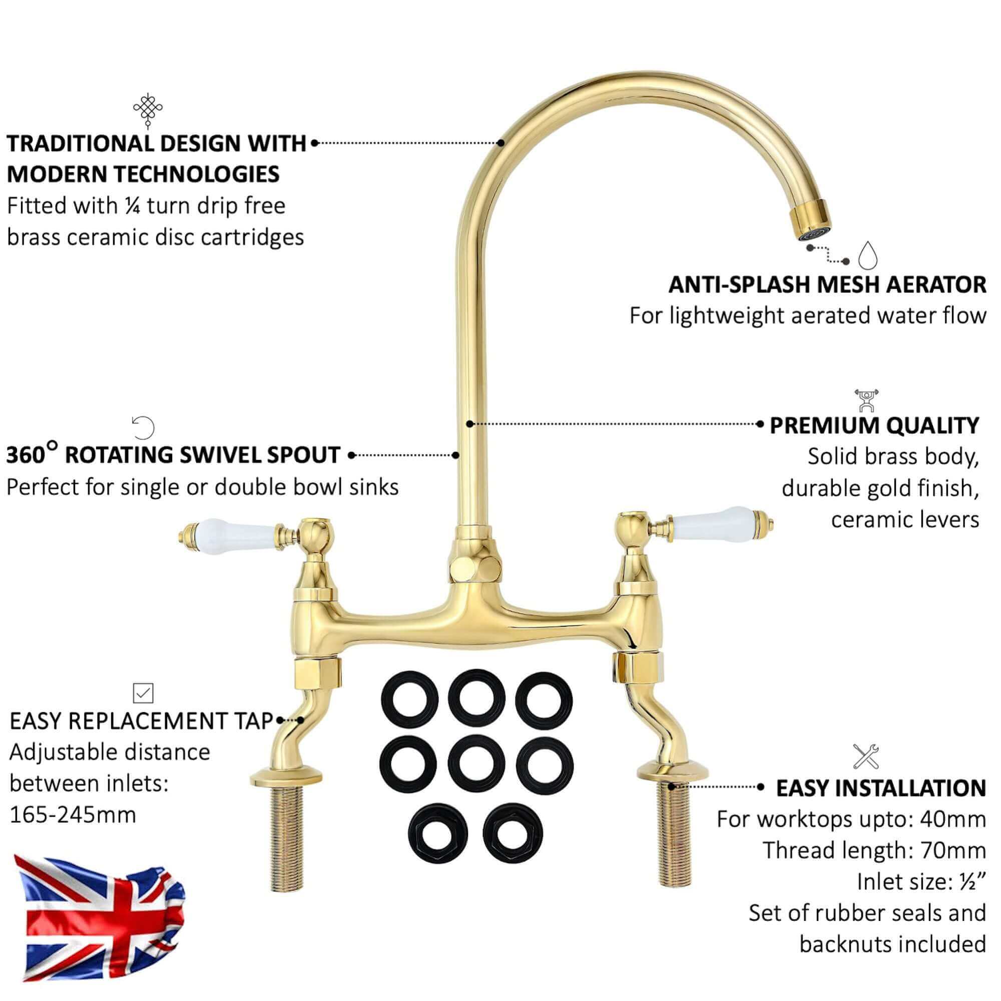 Astbury traditional bridge kitchen mixer  tap with white ceramic levers deck mounted - gold - Image 4