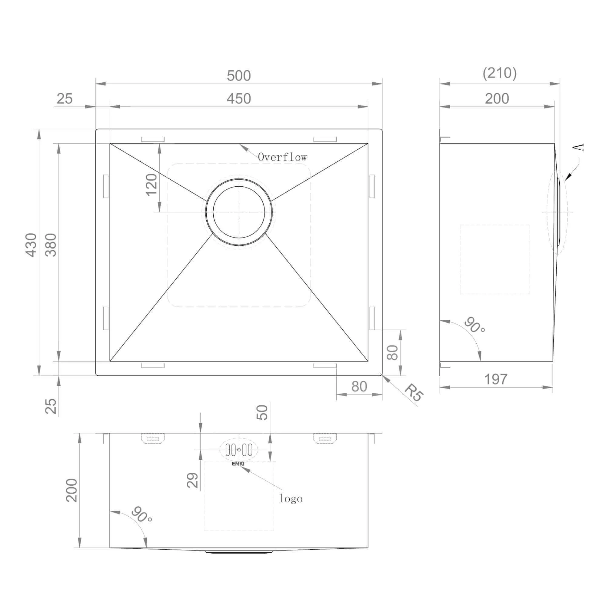 Axia 500mm x 430mm 1.0 bowl undermount or topmount kitchen sink with overflow - brushed stainless steel - Image 8