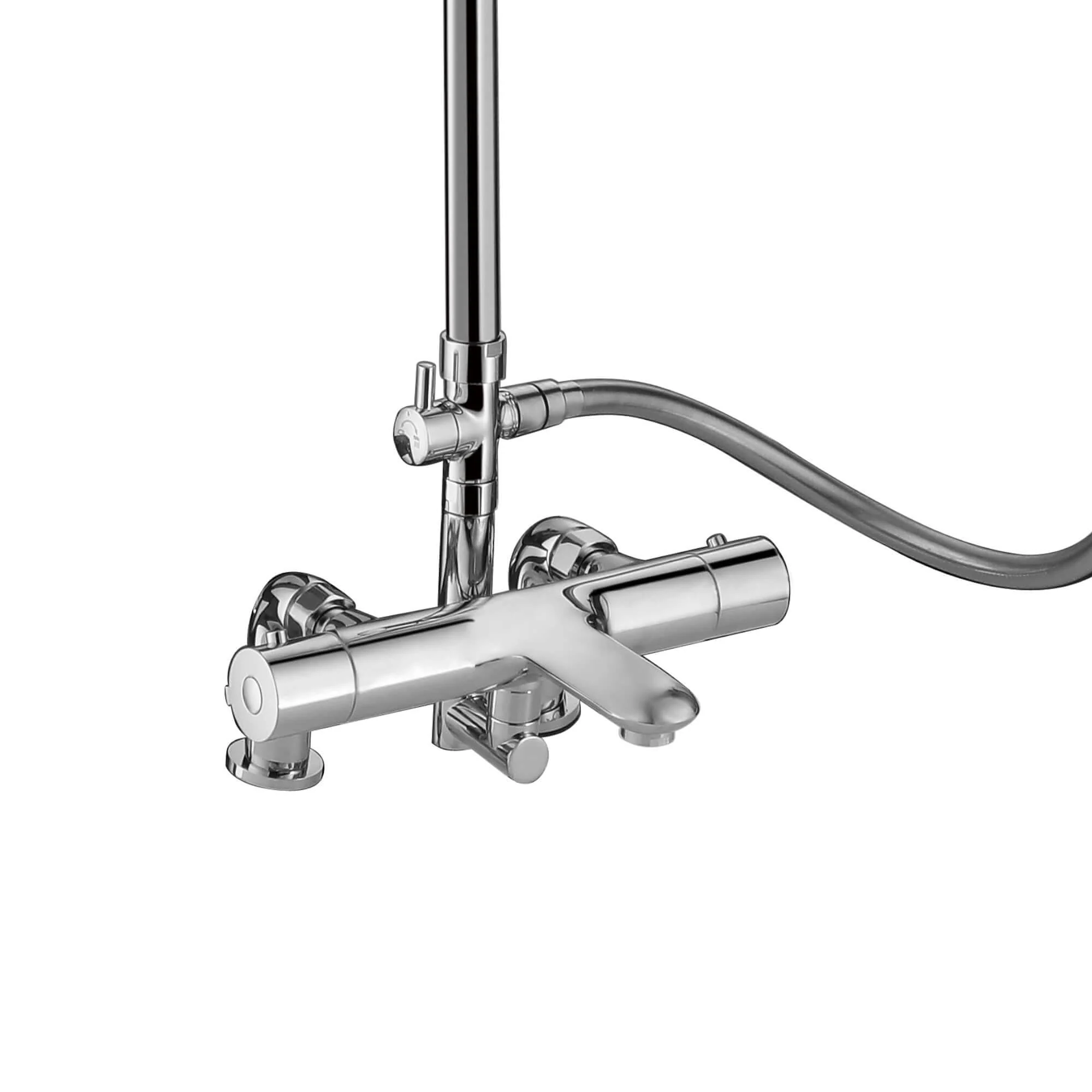 Cali thermostatic bar bath shower mixer valve with dual rigid riser kit, 200mm round overhead rain shower and handheld - chrome - Image 6