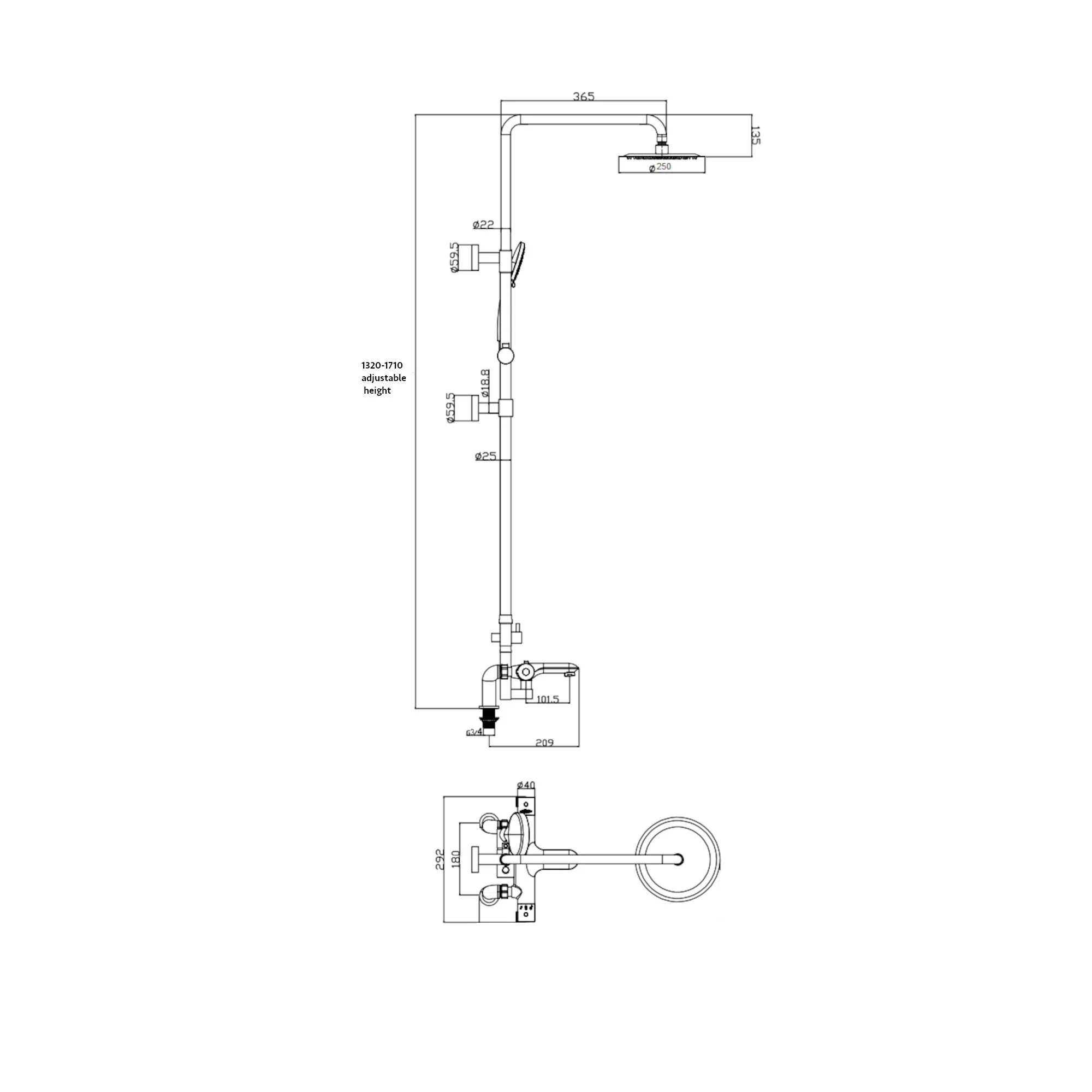Cali thermostatic bar bath shower mixer valve with dual rigid riser kit, 200mm round overhead rain shower and handheld - chrome - Image 7