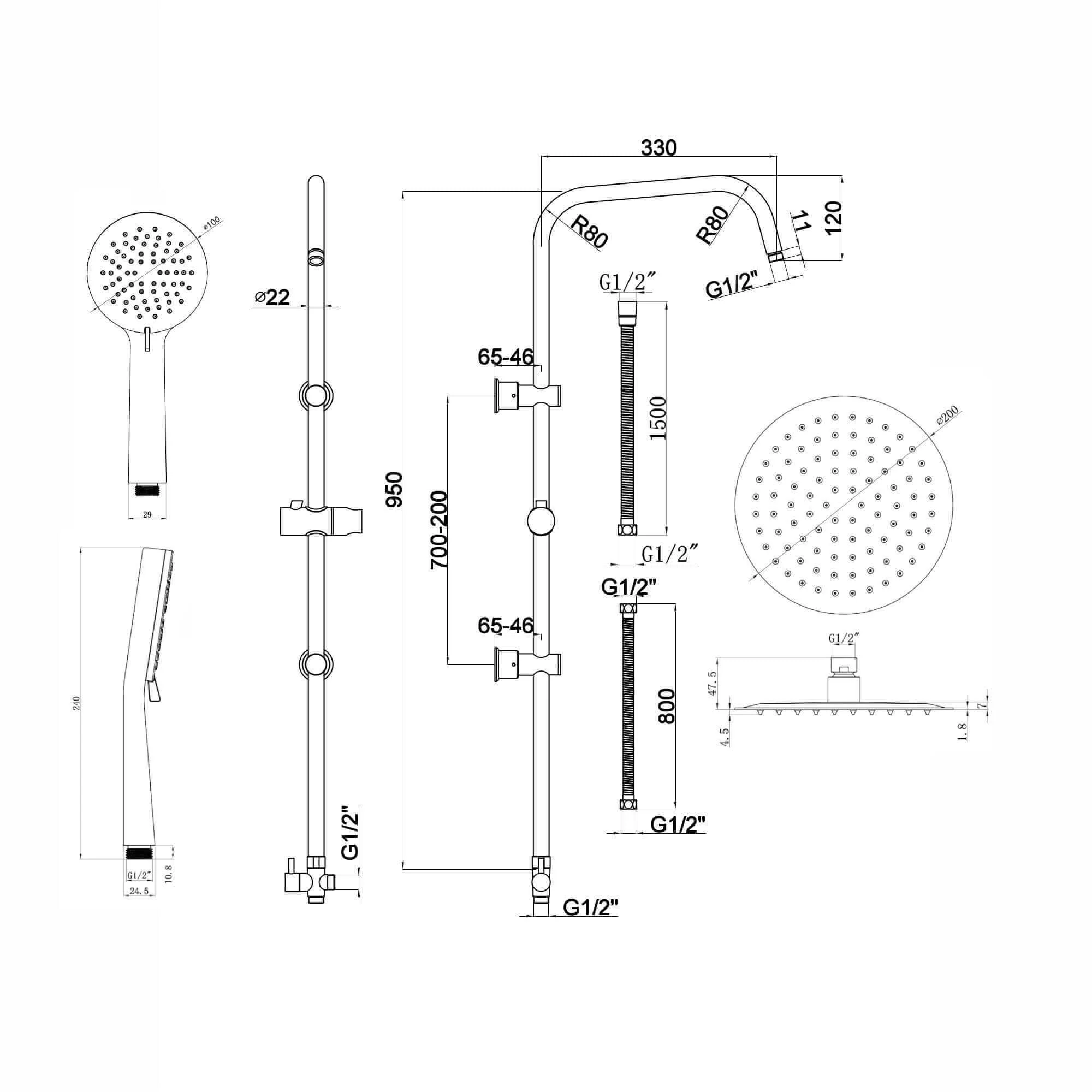 Carre Dual Rigid Riser Kit Round Ultra Slim Overhead Rain Shower & 3 Setting Handheld Shower - Black - Image 5