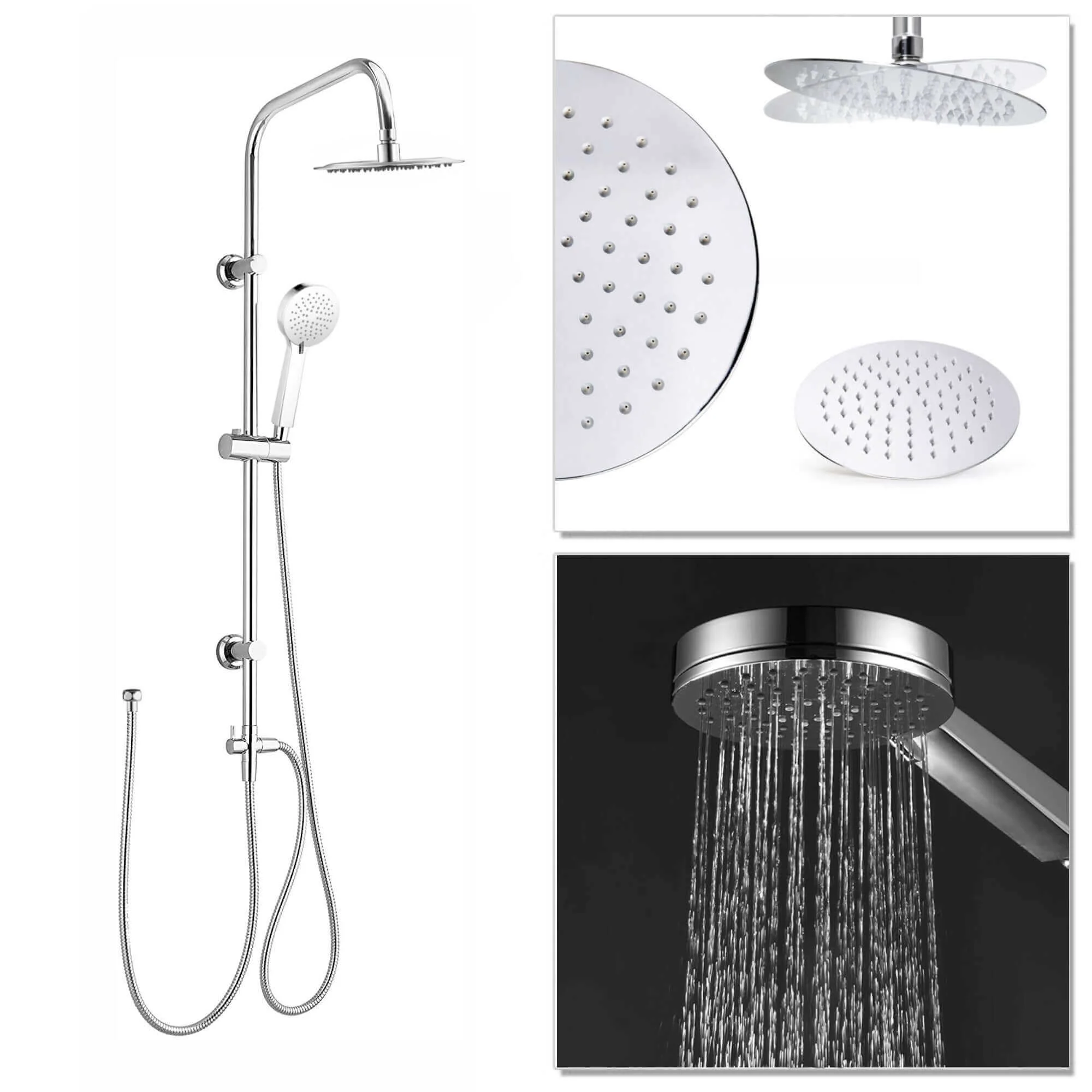 Carre Dual Rigid Riser Kit Round Ultra Slim Overhead Rain Shower & 3 Setting Handheld Shower - Chrome - Image 2
