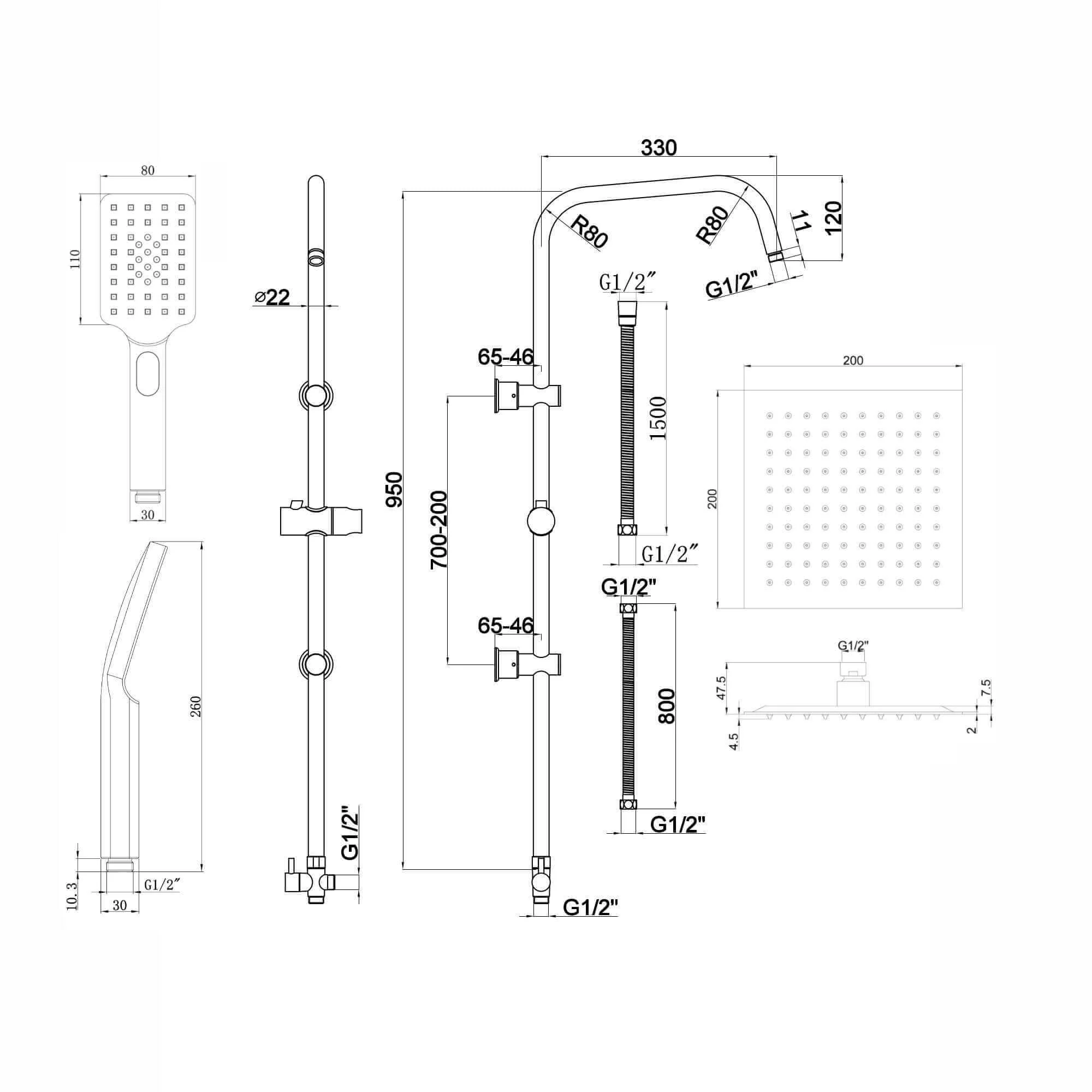 Carre Dual Rigid Riser Kit Square Ultra Slim Overhead Rain Shower & 3 Setting Handheld Shower - Chrome - Image 5