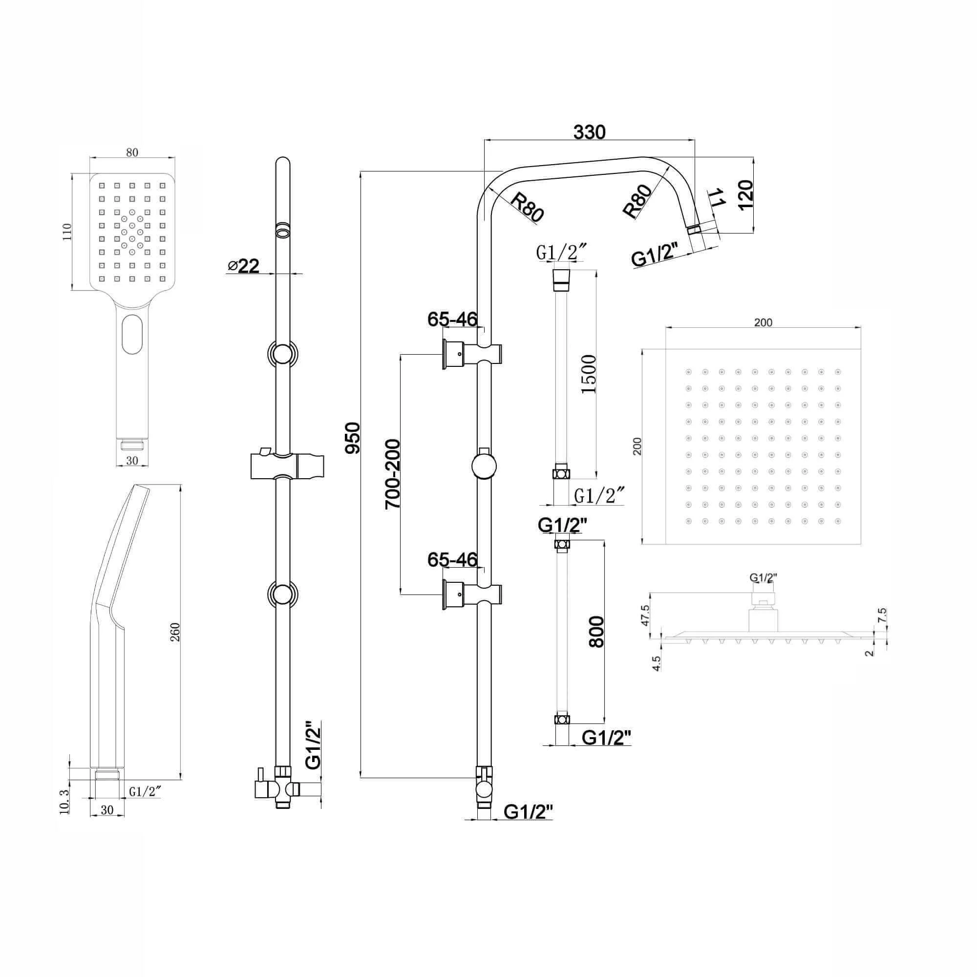 Carre Dual Rigid Riser Kit Square Ultra Slim Overhead Rain Shower & 3 Setting Handheld Shower - Black - Image 5
