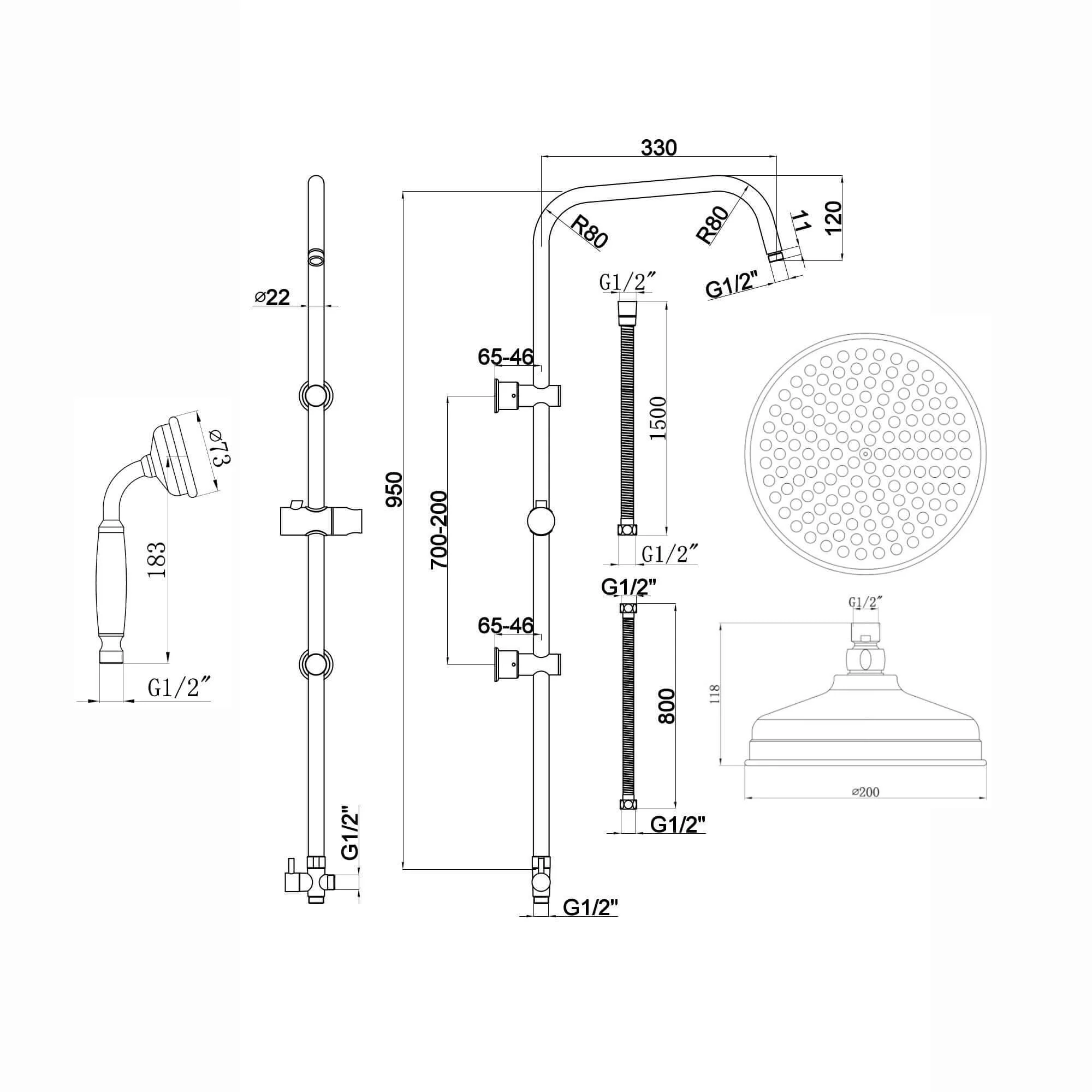 Carre Dual Rigid Riser Kit Traditional Solid Brass Overhead Rain Shower & Brass Handheld Shower - Chrome - Image 7