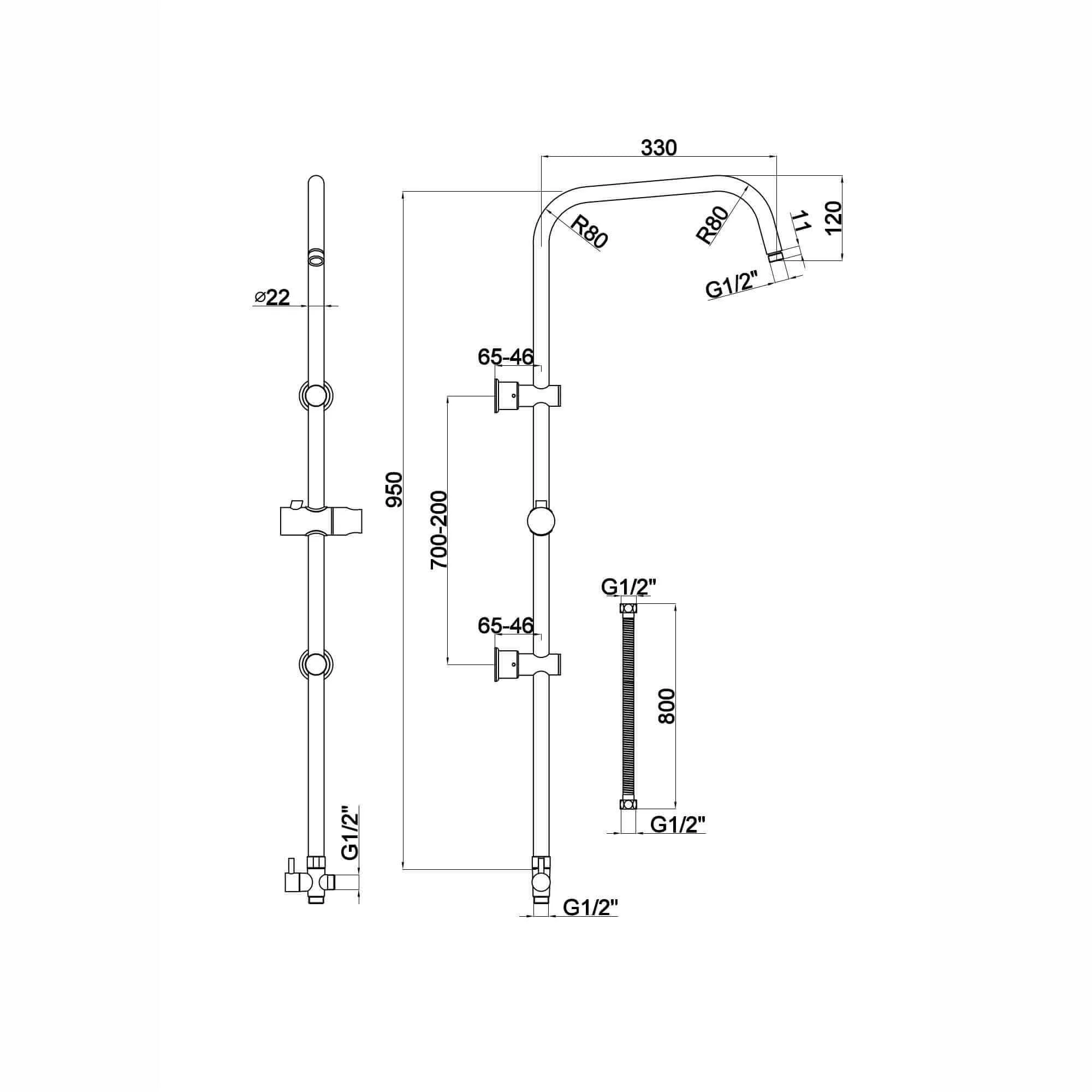 Carre shower adjustable rigid riser rail angled with 2 wall brackets, handset bracket, diverter, connecting hose - chrome - Image 3
