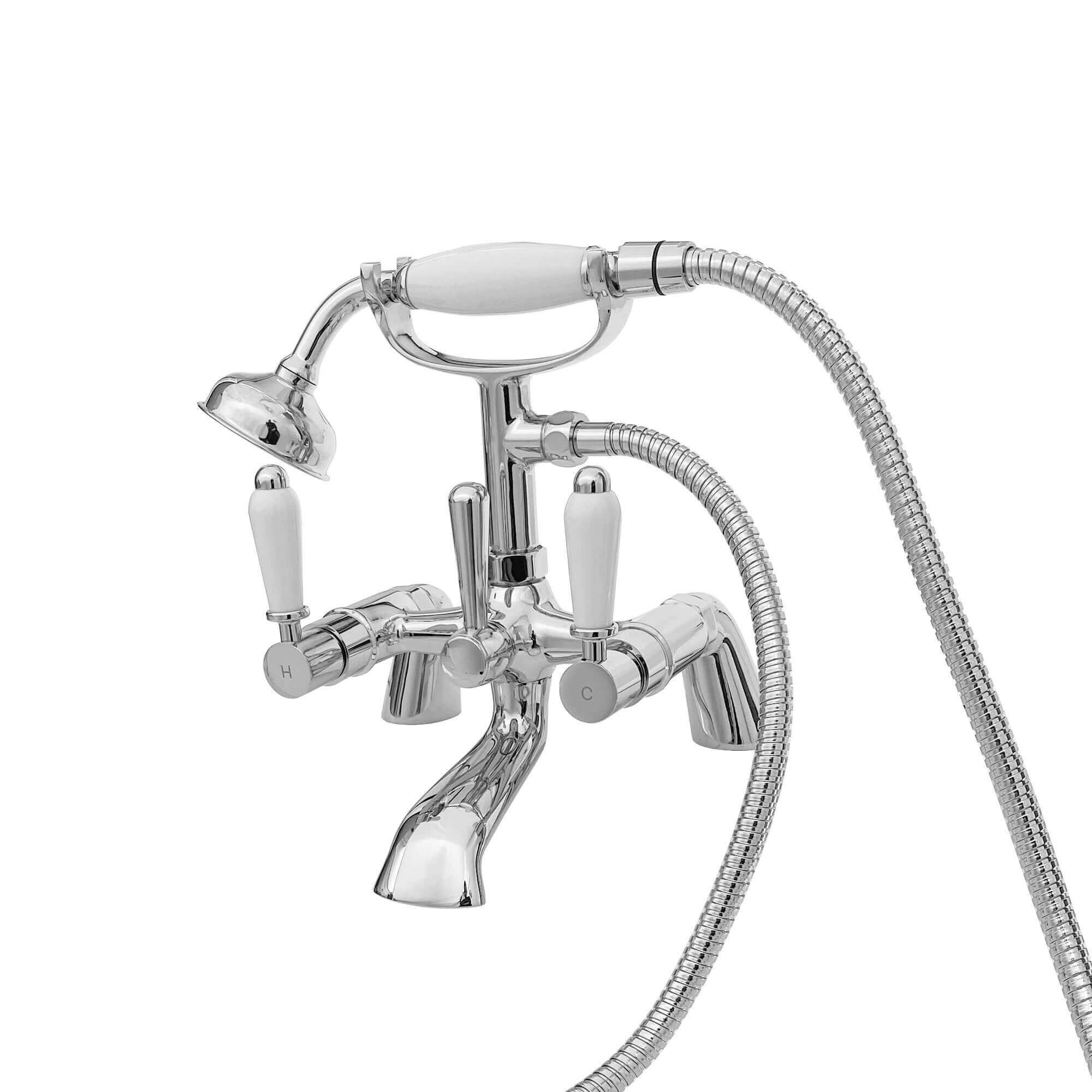 Downton bath shower mixer tap with white ceramic levers - chrome - Image 3