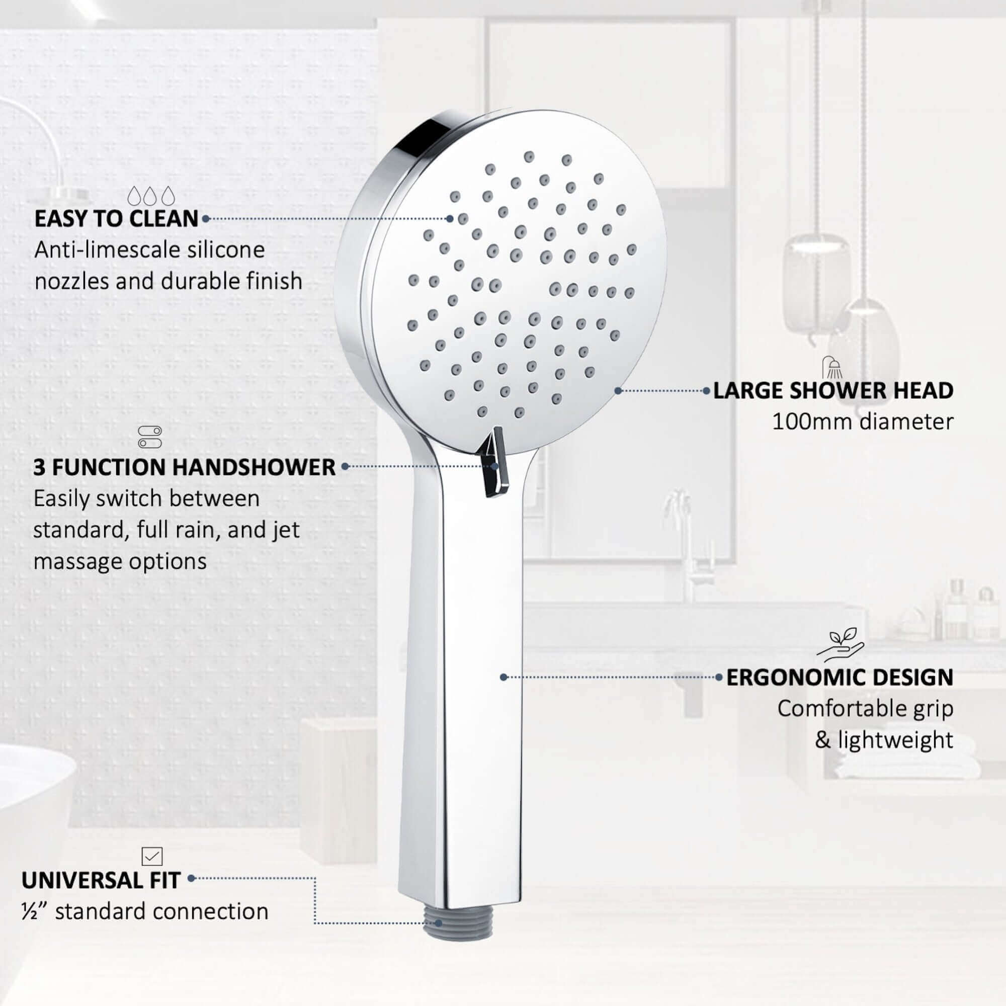 Contemporary 3 Function Hand Shower Kit Incl. Hose And Wall Bracket With Outlet - Chrome - Image 3