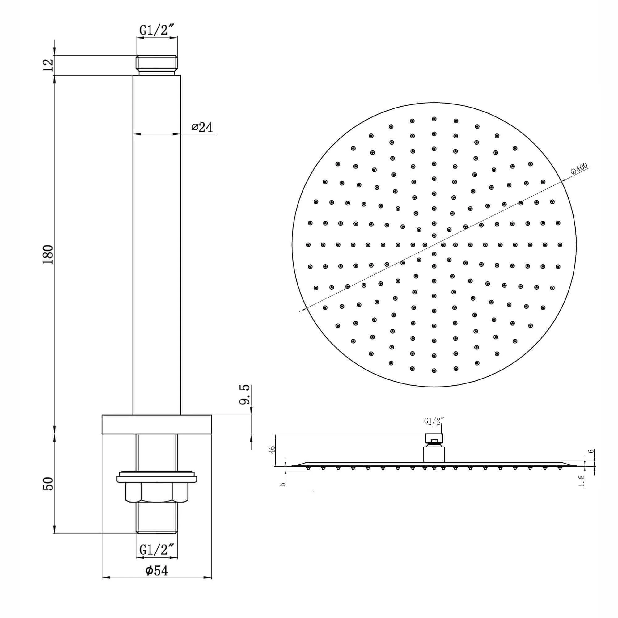 Contemporary Ceiling Fixed Round Ultra Slim Stainless Steel Shower Head 16" With 180mm Ceiling Shower Arm - Matt Black - Image 4