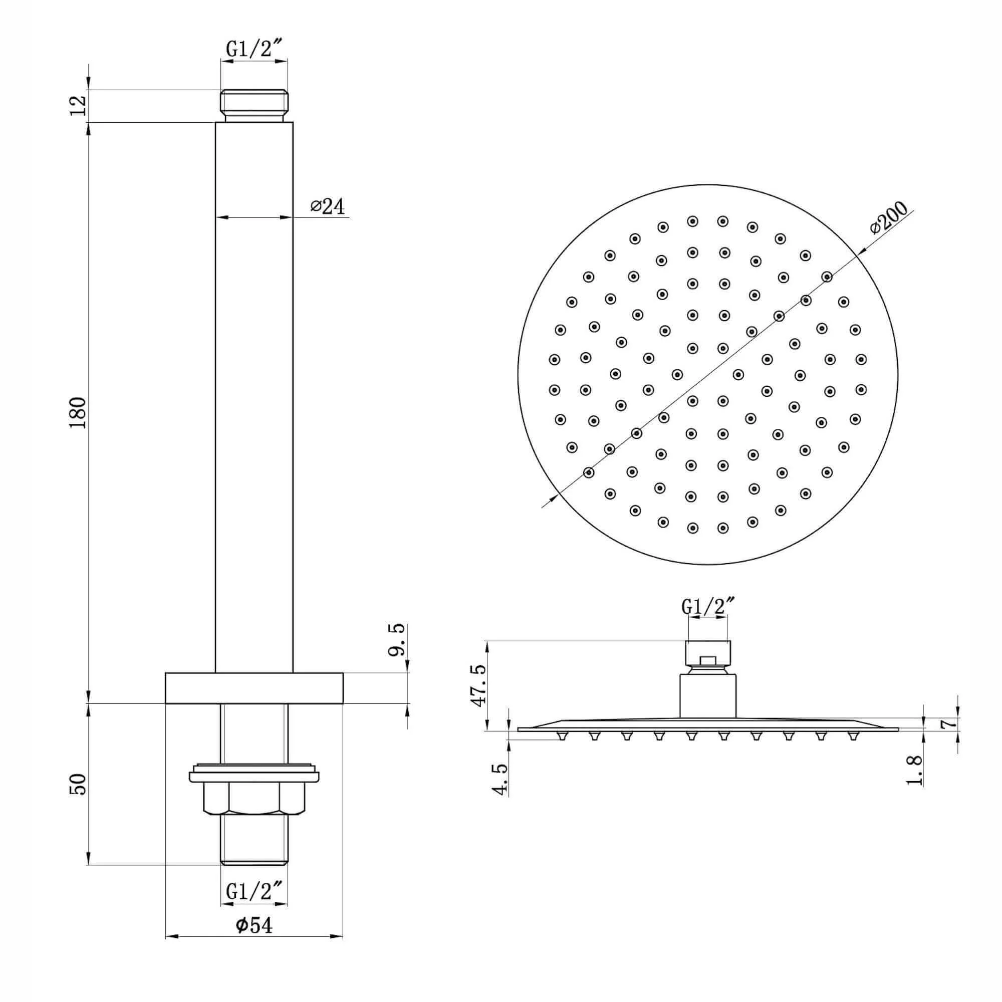 Contemporary Ceiling Fixed Round Ultra Slim Stainless Steel Shower Head 8" With 180mm Ceiling Shower Arm - Matt Black - Image 3