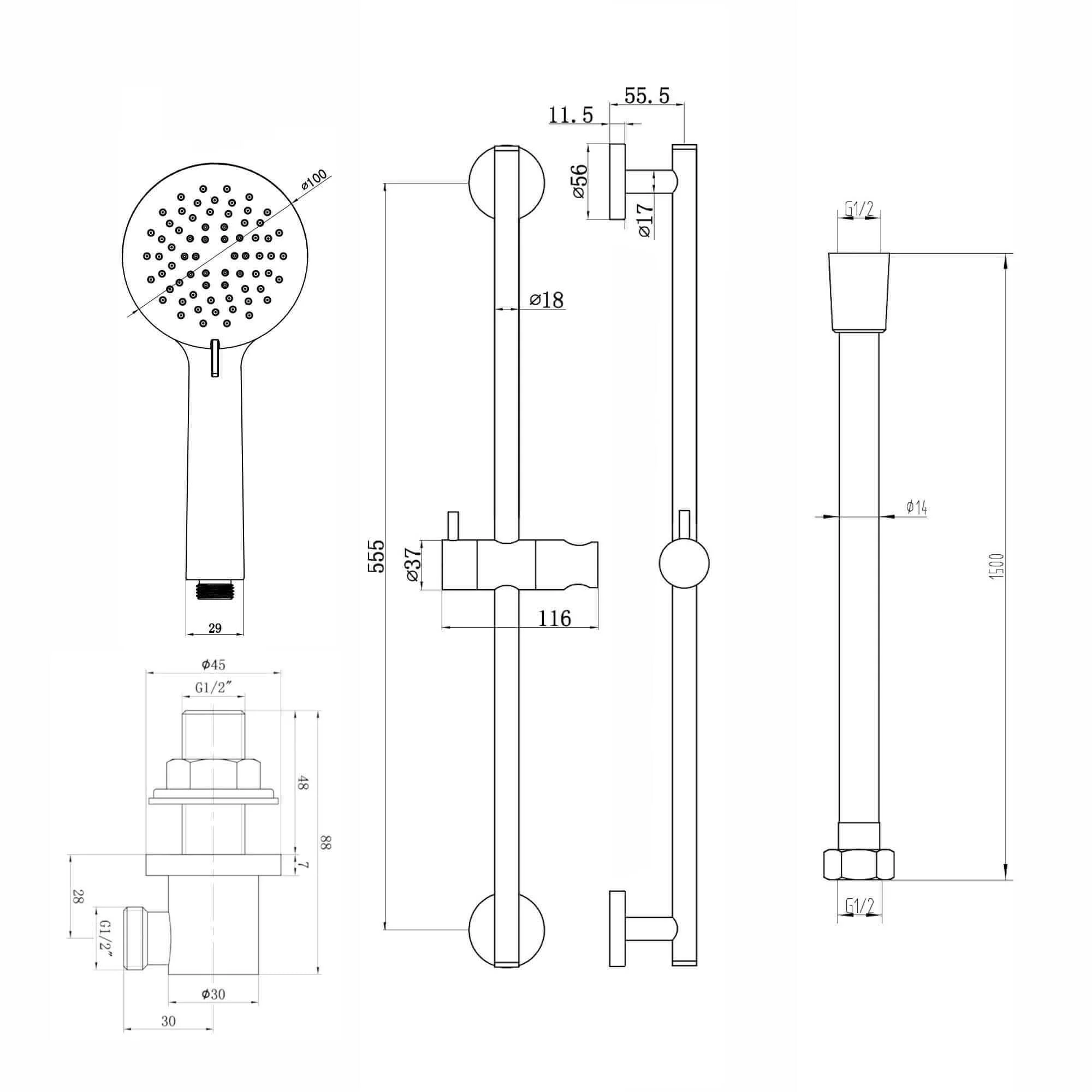 Contemporary Shower Slider Riser Rail Kit With 3 Function Shower Head, Hose and Wall Elbow - Chrome - Image 6