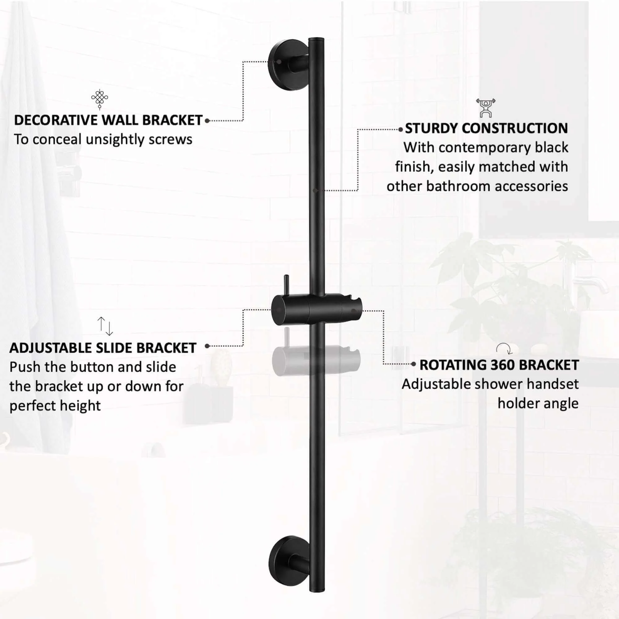 Contemporary Shower Slider Riser Rail Kit With 3 Function Shower Head, Hose and Wall Elbow - Matt Black - Image 4
