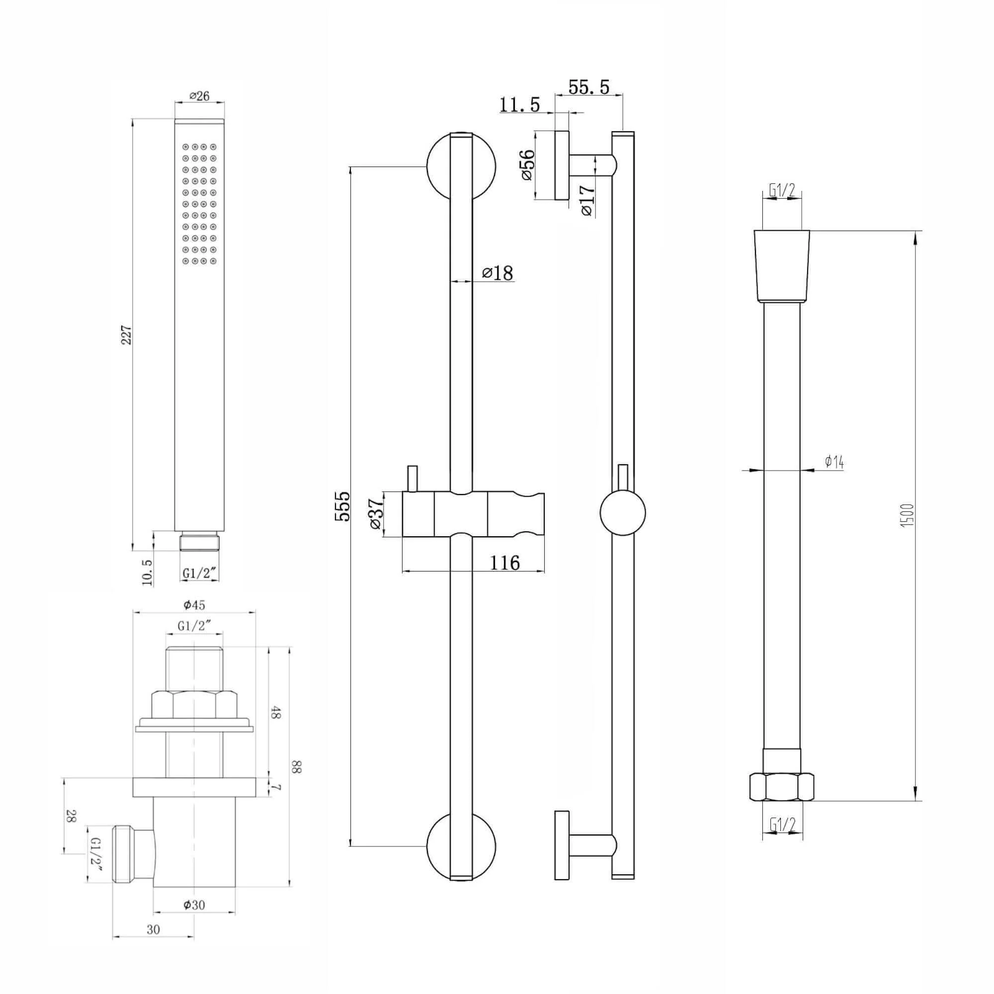 Contemporary Shower Slider Riser Rail Kit With Pencil Shower Head, Hose and Wall Elbow - Chrome - Image 6