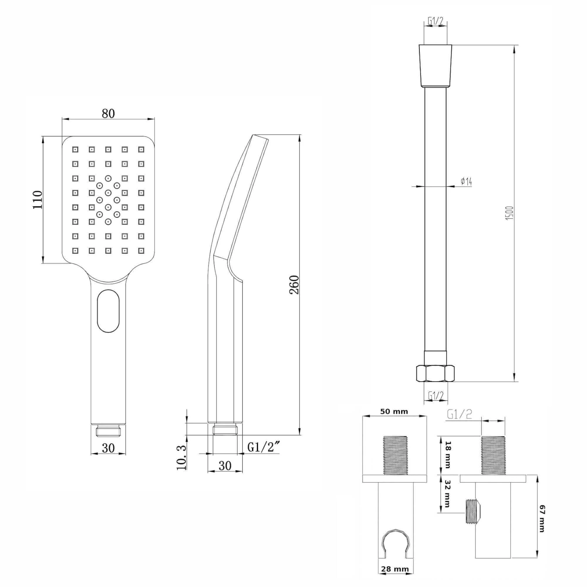 Contemporary Square 3 Function Hand Shower Kit Incl. Hose And Wall Bracket With Outlet - Black - Image 6