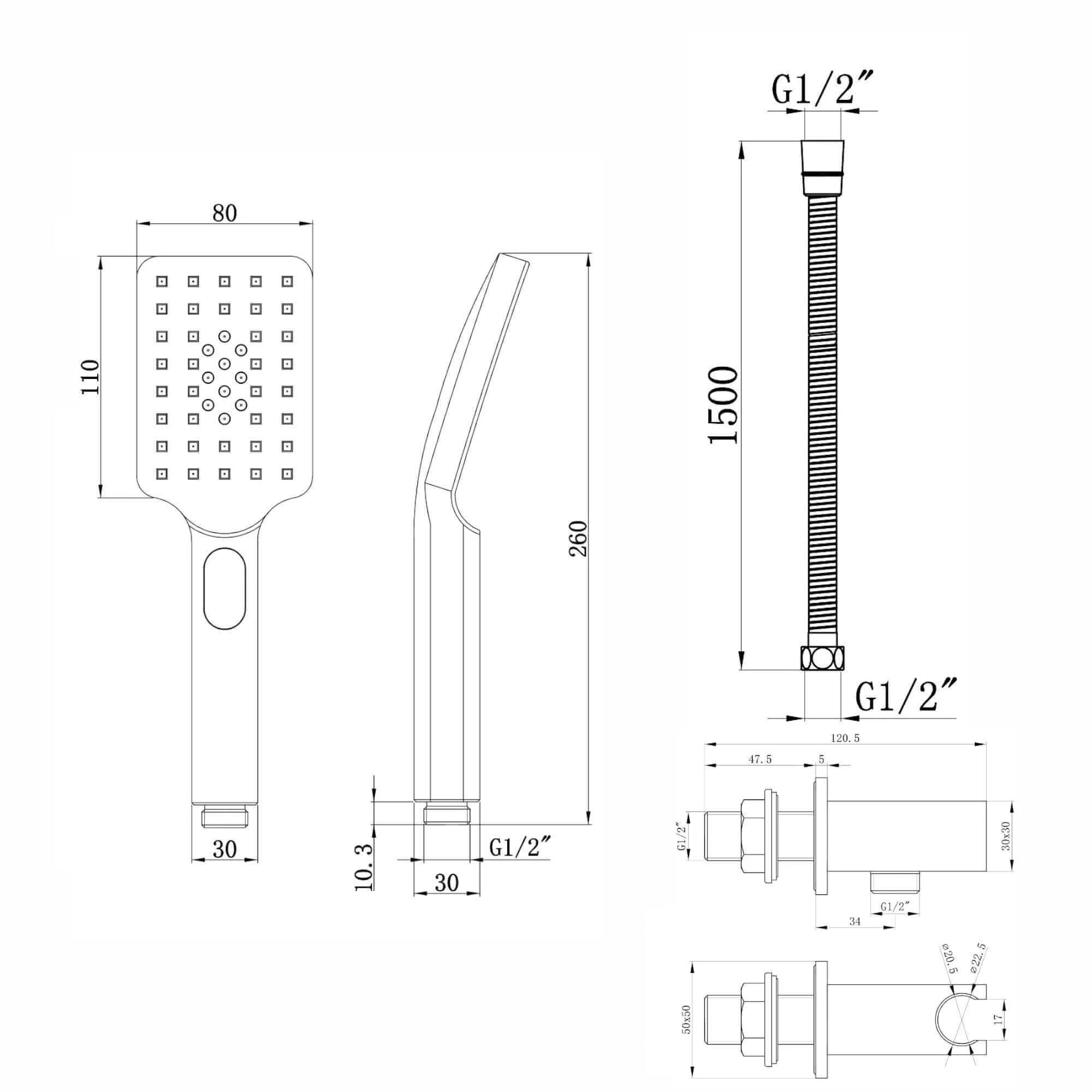 Contemporary Square 3 Function Hand Shower Kit Incl. Hose And Wall Bracket With Outlet - Chrome - Image 6