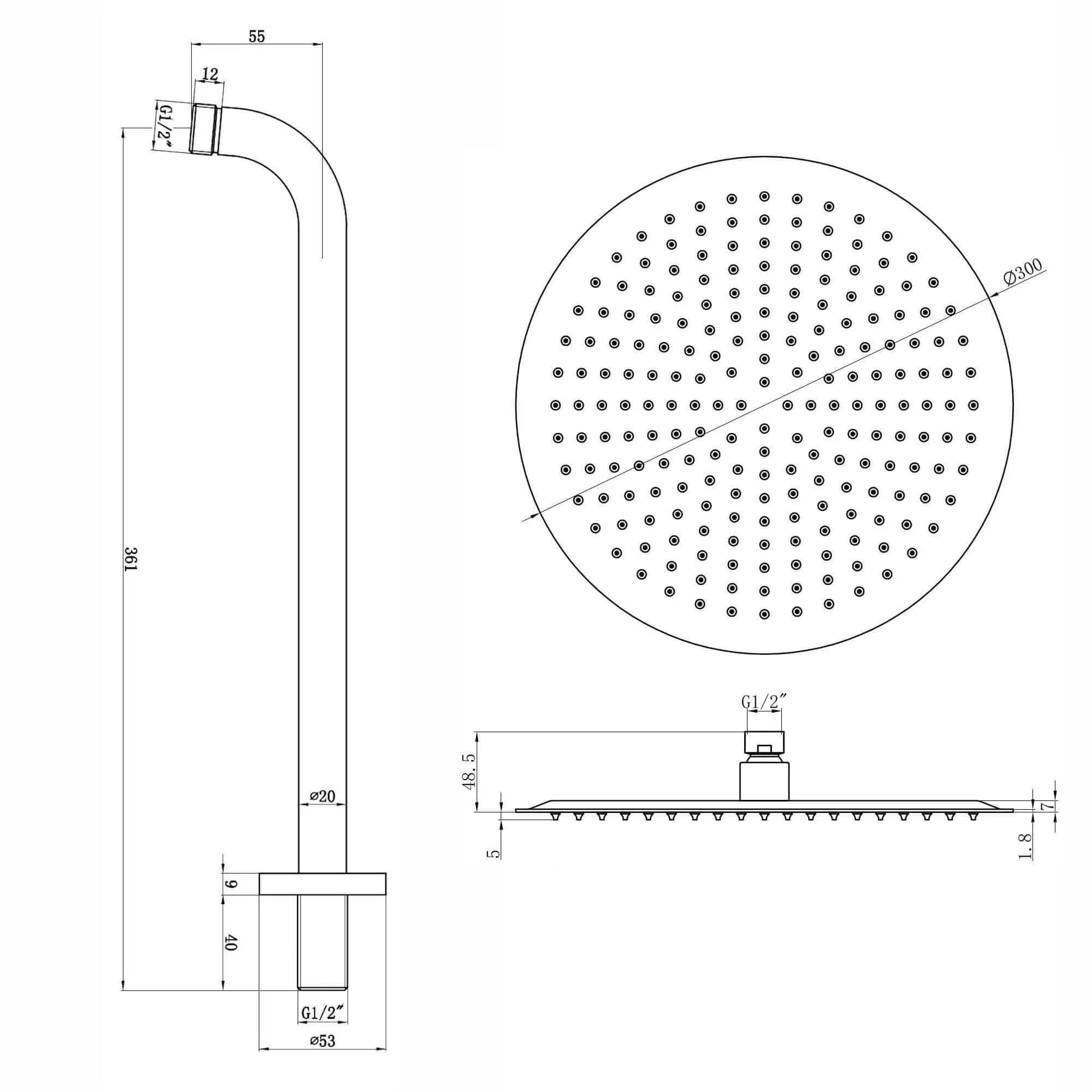 Contemporary Wall Fixed Round Ultra Slim Stainless Steel Shower Head 12" With Shower Arm - Chrome - Image 6