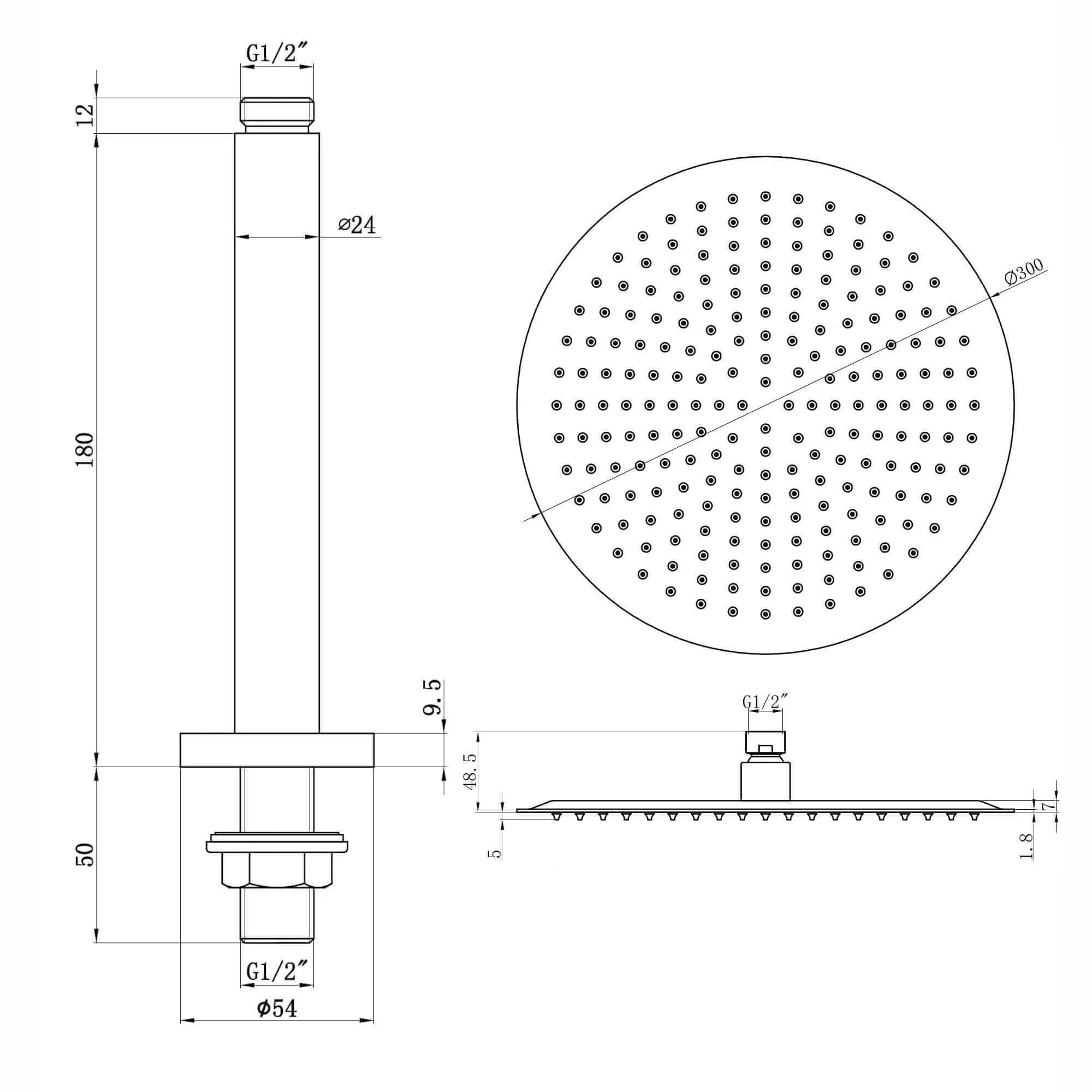 Contemporary Ceiling Fixed Round Ultra Slim Stainless Steel Shower Head 12" With 180mm Ceiling Shower Arm - Chrome - Image 6