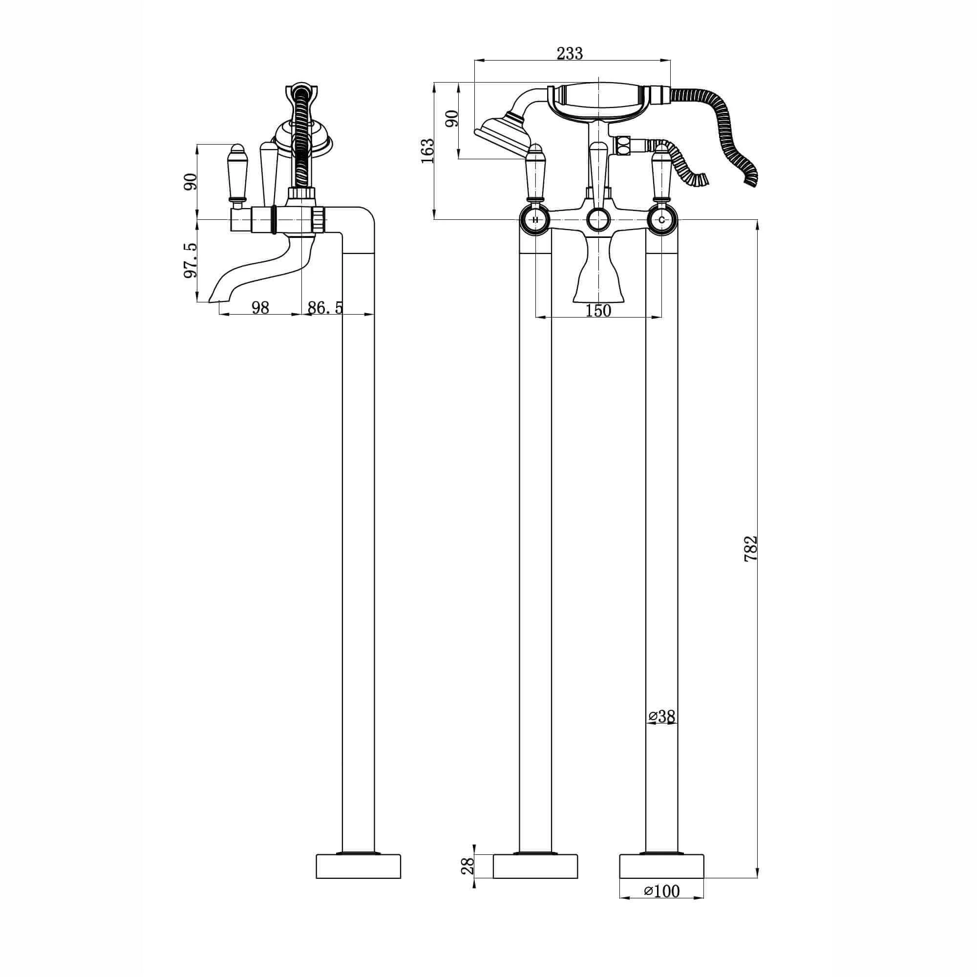 Downton floorstanding bath shower mixer tap with white ceramic levers - gold - Image 3