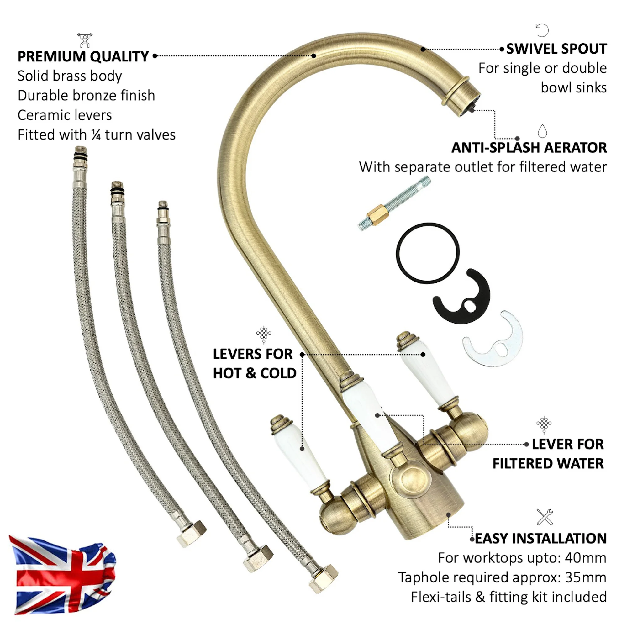 Cotswold traditional filter tap with ceramic levers - antique brass - Image 3