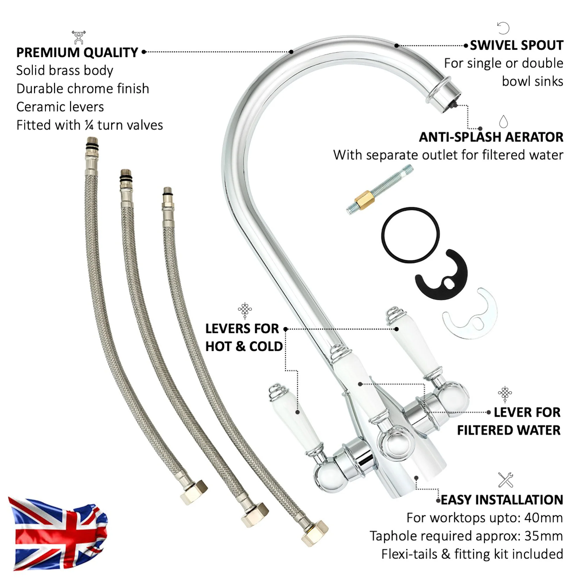 Cotswold traditional filter tap with ceramic levers - chrome - Image 3