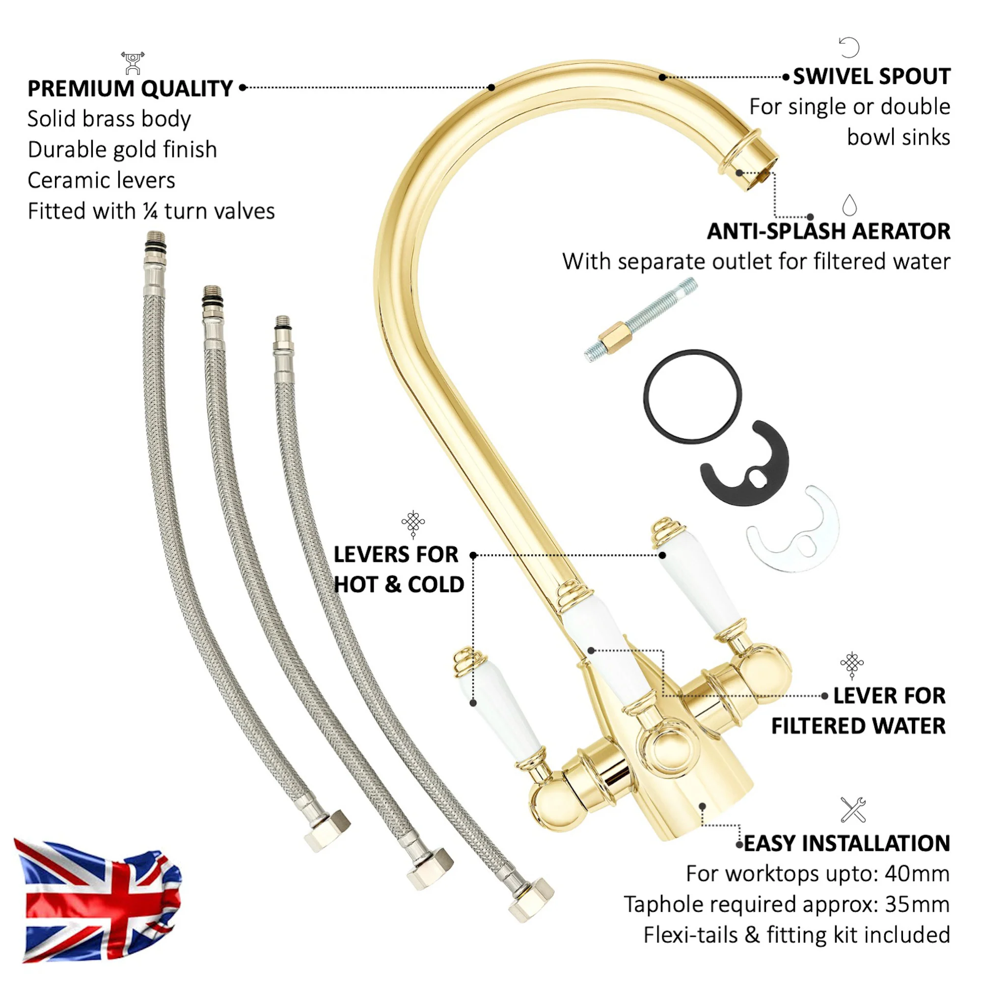 Cotswold traditional filter tap with ceramic levers - gold - Image 3