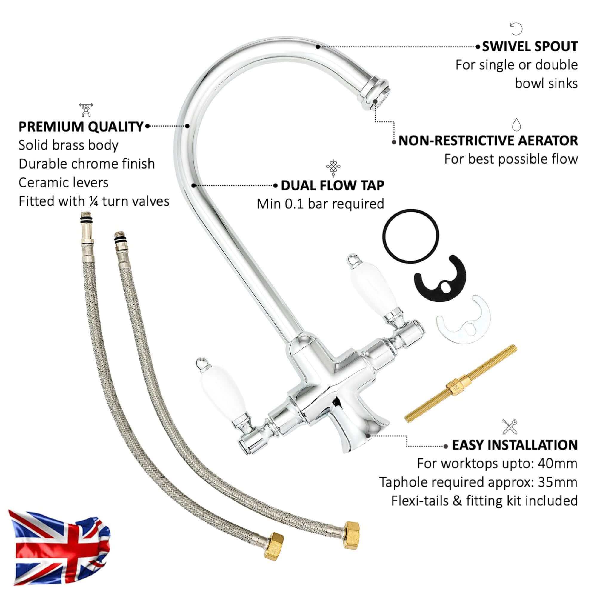 Dorchester Georgian dual flow kitchen sink tap with twin white levers - chrome - Image 3