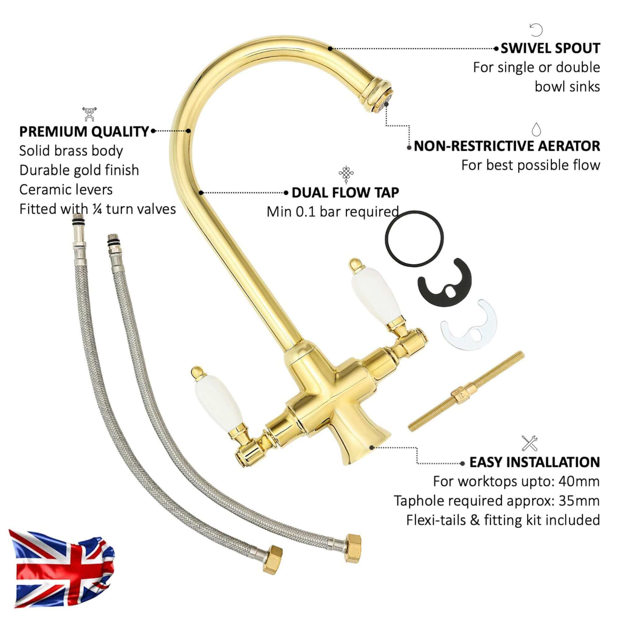 Dorchester Georgian dual flow kitchen sink tap with twin white levers - gold - Image 6