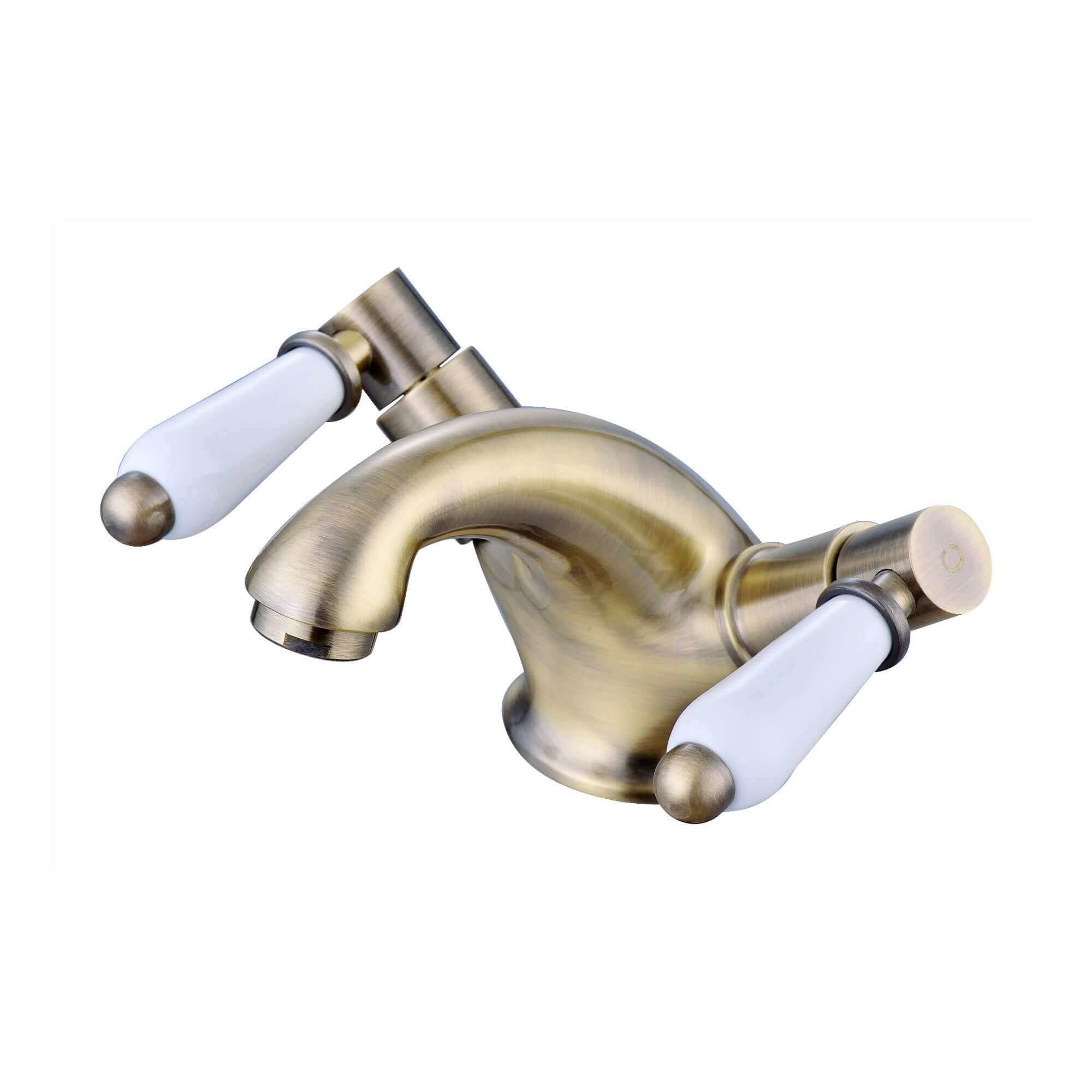Downton basin mixer tap with white ceramic levers + slotted waste - antique brass - Image 3