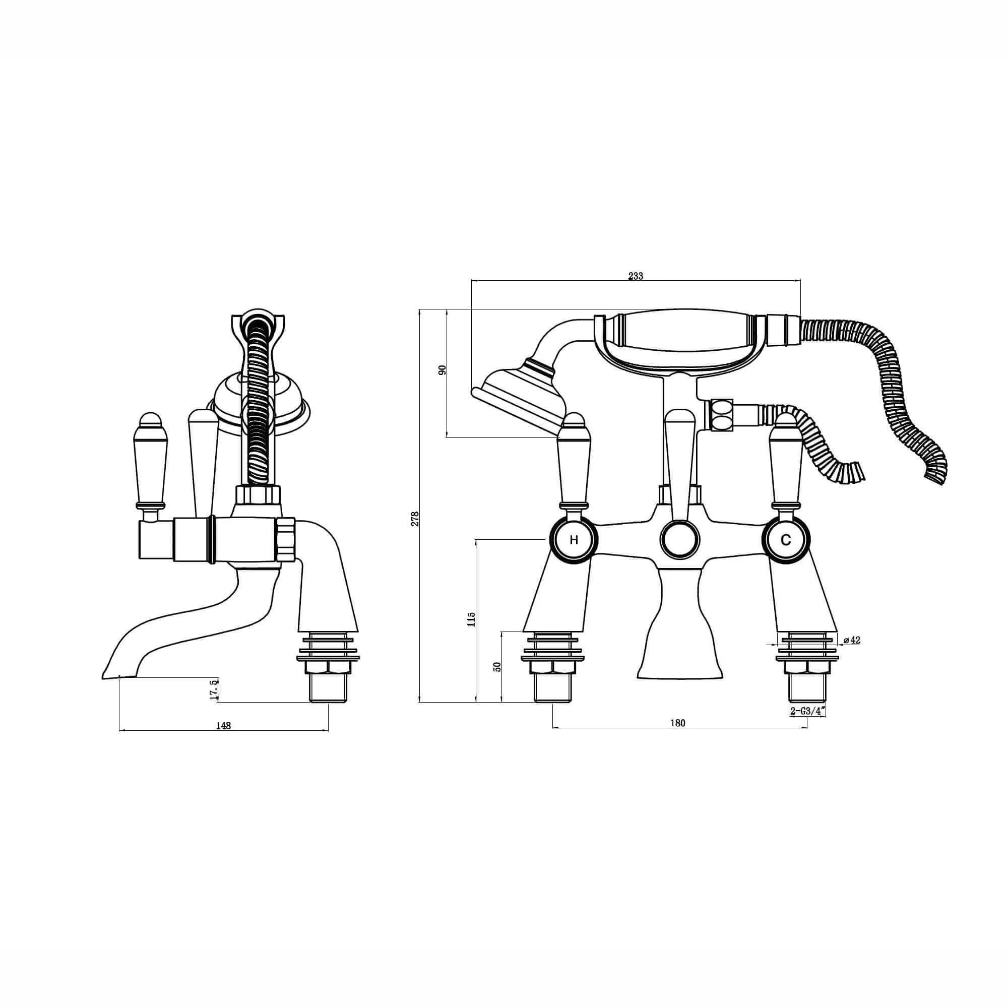 Downton bath shower mixer tap with white ceramic levers - antique brass - Image 5