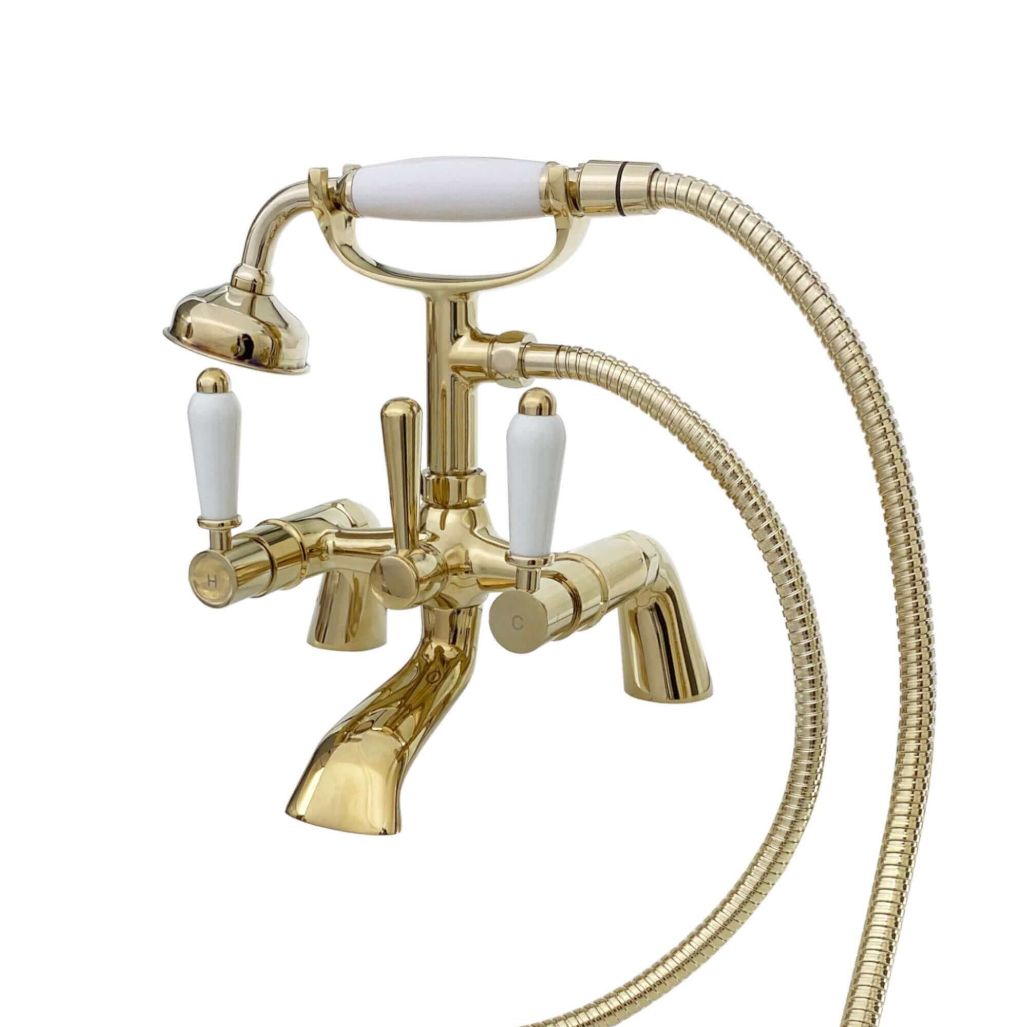 Downton bath shower mixer tap with white ceramic levers - gold - Image 3