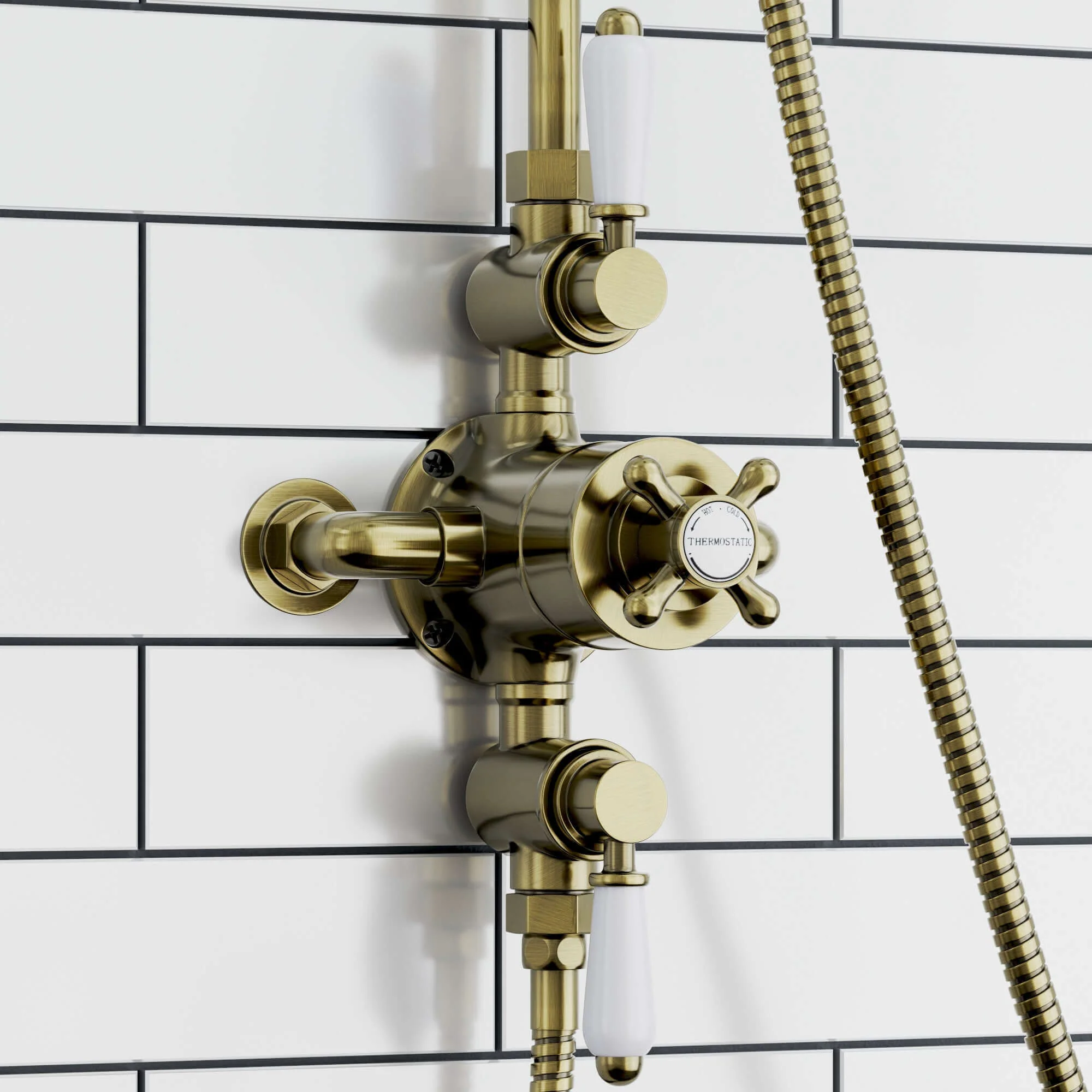 Downton Exposed Traditional Thermostatic Shower Set 2 Outlet, Incl. Triple Shower Valve, Rigid Riser Rail, 200mm Shower Head & Ceramic Handset - Antique Brass - Image 4