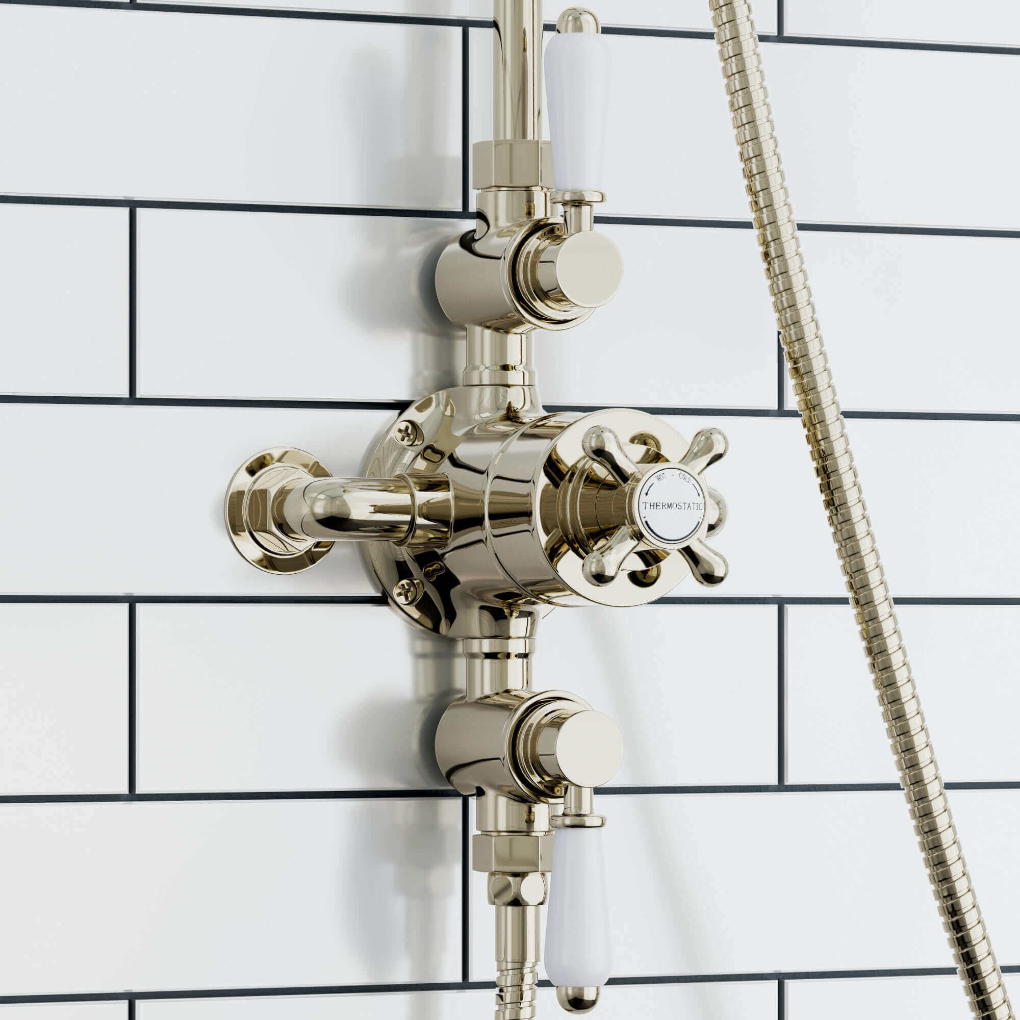 Downton Exposed Traditional Thermostatic Shower Set 2 Outlet, Incl. Triple Shower Valve, Rigid Riser Rail, 200mm Shower Head & Ceramic Handset - Gold - Image 4