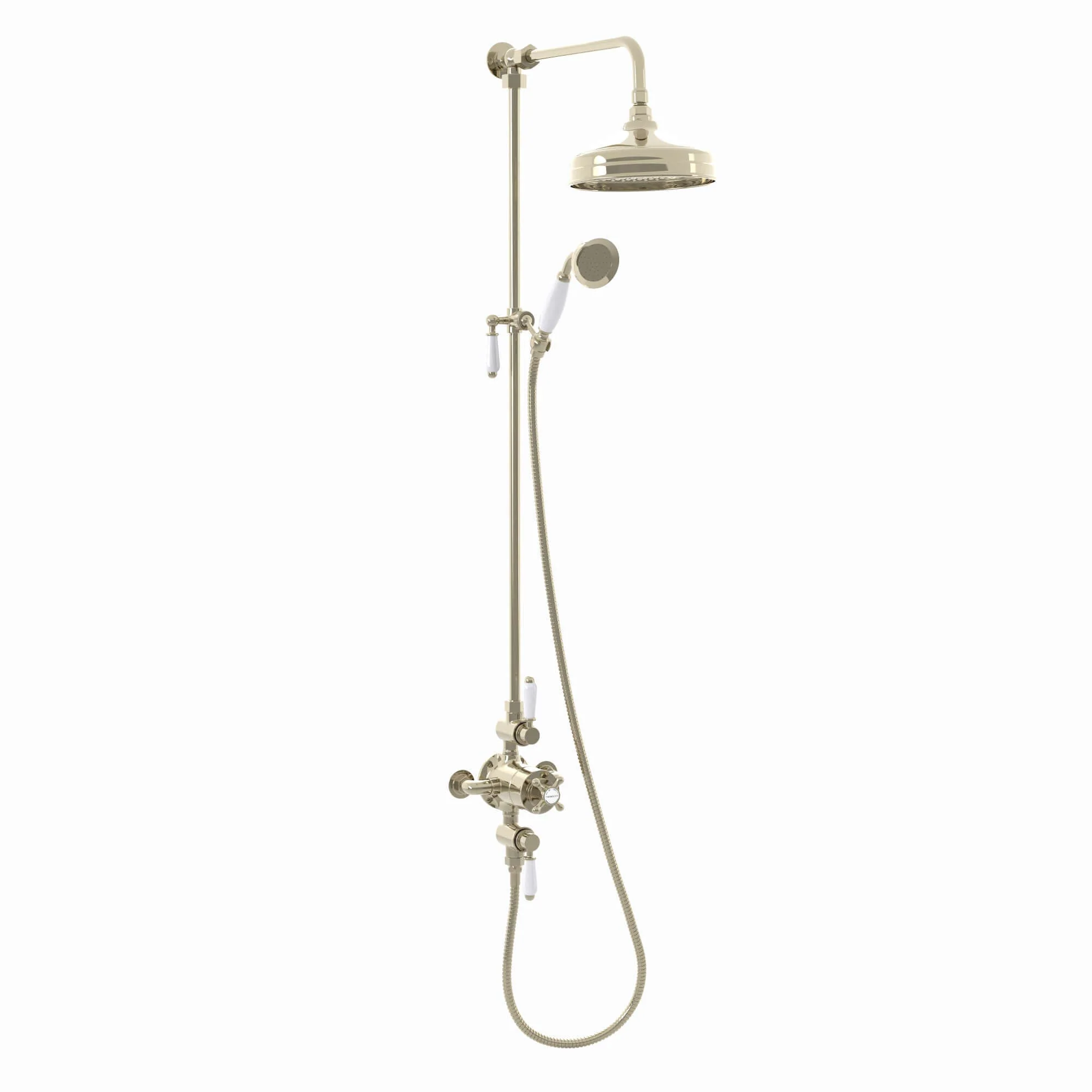 Downton Exposed Traditional Thermostatic Shower Set 2 Outlet, Incl. Triple Shower Valve, Rigid Riser Rail, 200mm Shower Head & Ceramic Handset - Gold - Image 6