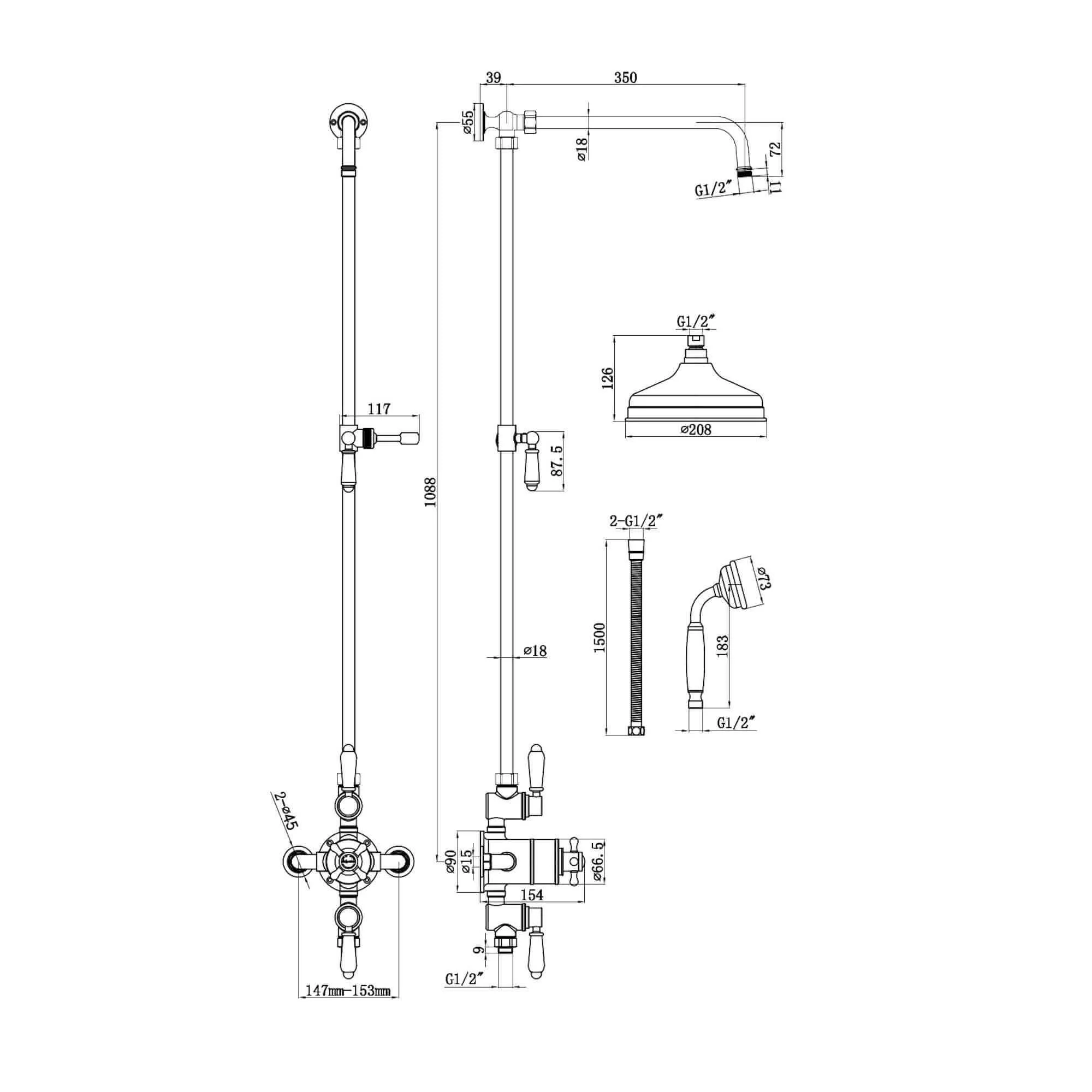 Downton Exposed Traditional Thermostatic Shower Set 2 Outlet, Incl. Triple Shower Valve, Rigid Riser Rail, 200mm Shower Head & Ceramic Handset - Gold - Image 7