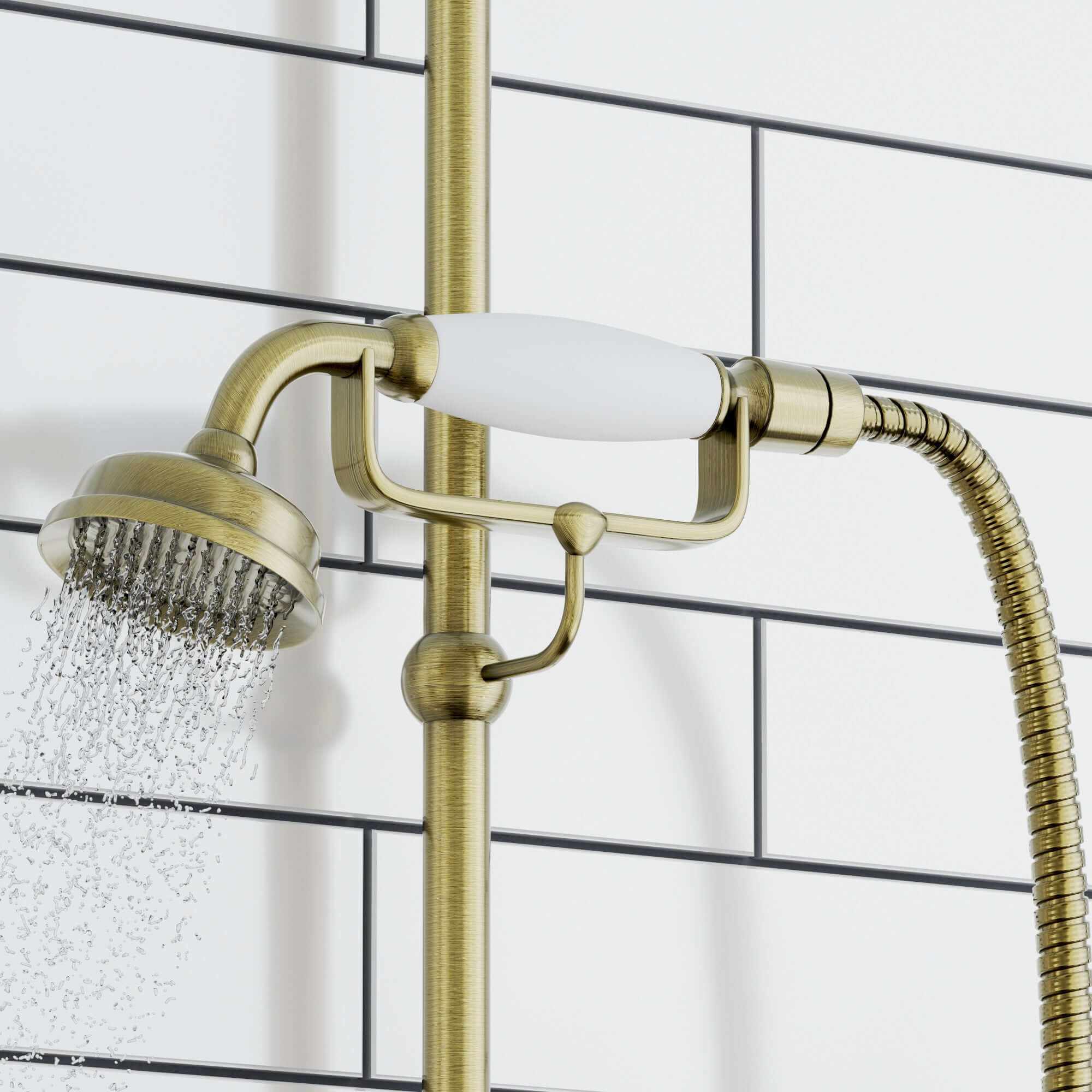 Downton Exposed Traditional Thermostatic Shower Set 2 Outlet, Incl. Triple Shower Valve, Rigid Riser Rail, 200mm Shower Head, Telephone Style Ceramic Handset & Caddy - Antique Brass - Image 3