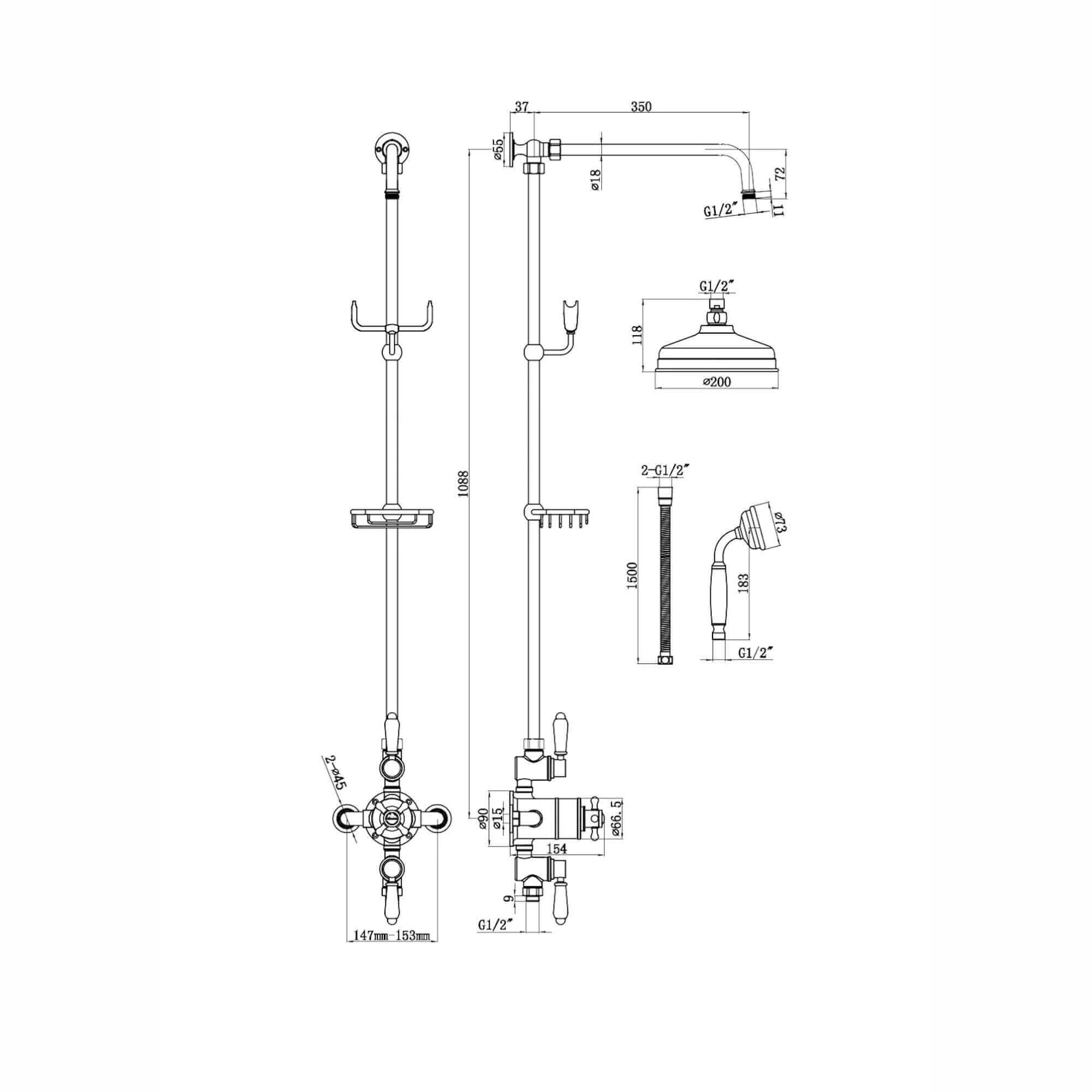 Downton Exposed Traditional Thermostatic Shower Set 2 Outlet, Incl. Triple Shower Valve, Rigid Riser Rail, 200mm Shower Head, Telephone Style Ceramic Handset & Caddy - Chrome - Image 7