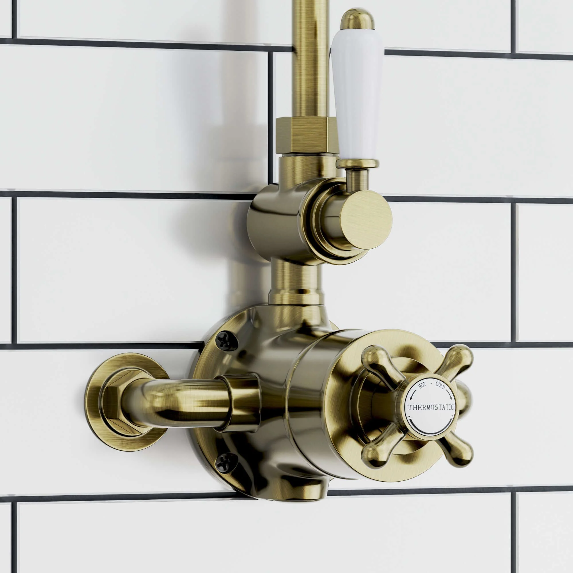 Downton Exposed Traditional Thermostatic Shower Set 2 Outlet Incl. Twin Shower Valve With Diverter, Rigid Riser Rail, 200mm Shower Head & Ceramic Handset - Antique Brass - Image 4