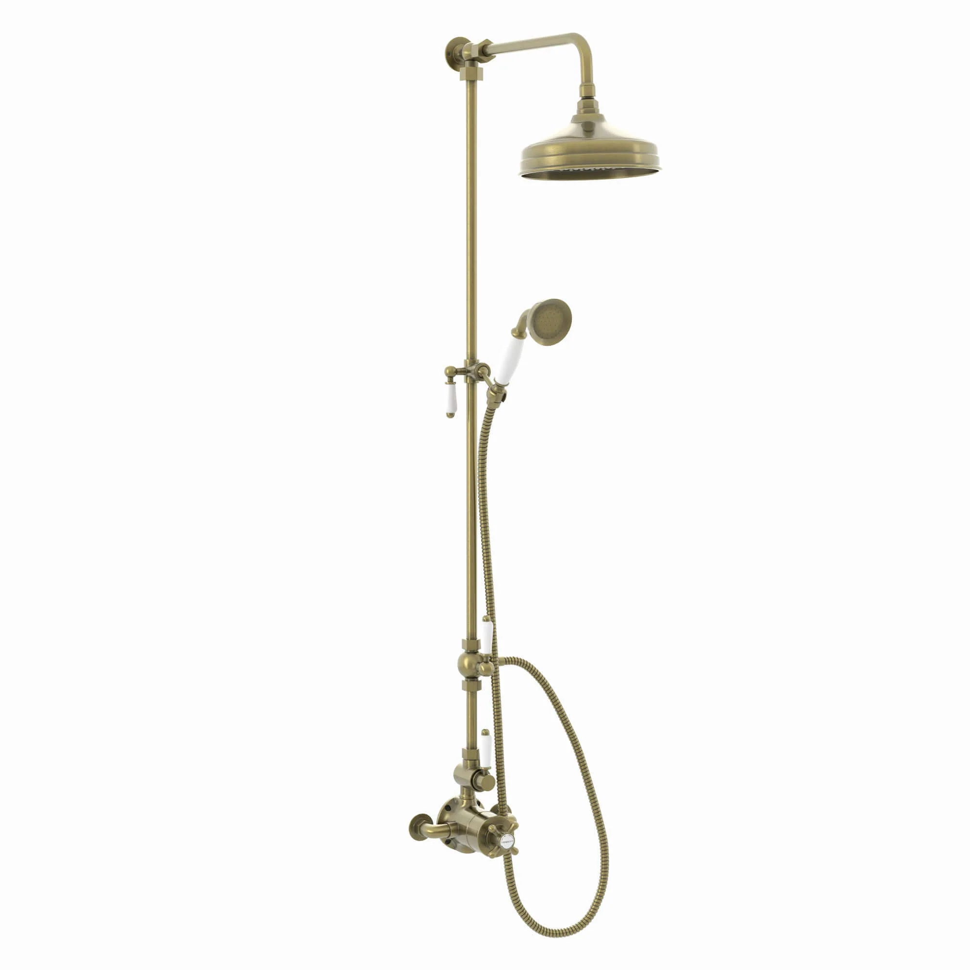 Downton Exposed Traditional Thermostatic Shower Set 2 Outlet Incl. Twin Shower Valve With Diverter, Rigid Riser Rail, 200mm Shower Head & Ceramic Handset - Antique Brass - Image 6