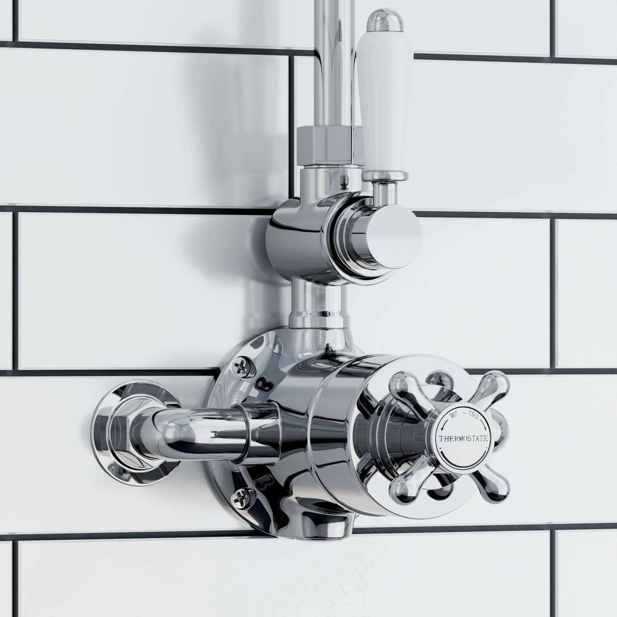 Downton Exposed Traditional Thermostatic Shower Set 2 Outlet Incl. Twin Shower Valve With Diverter, Rigid Riser Rail, 200mm Shower Head & Ceramic Handset - Chrome - Image 4